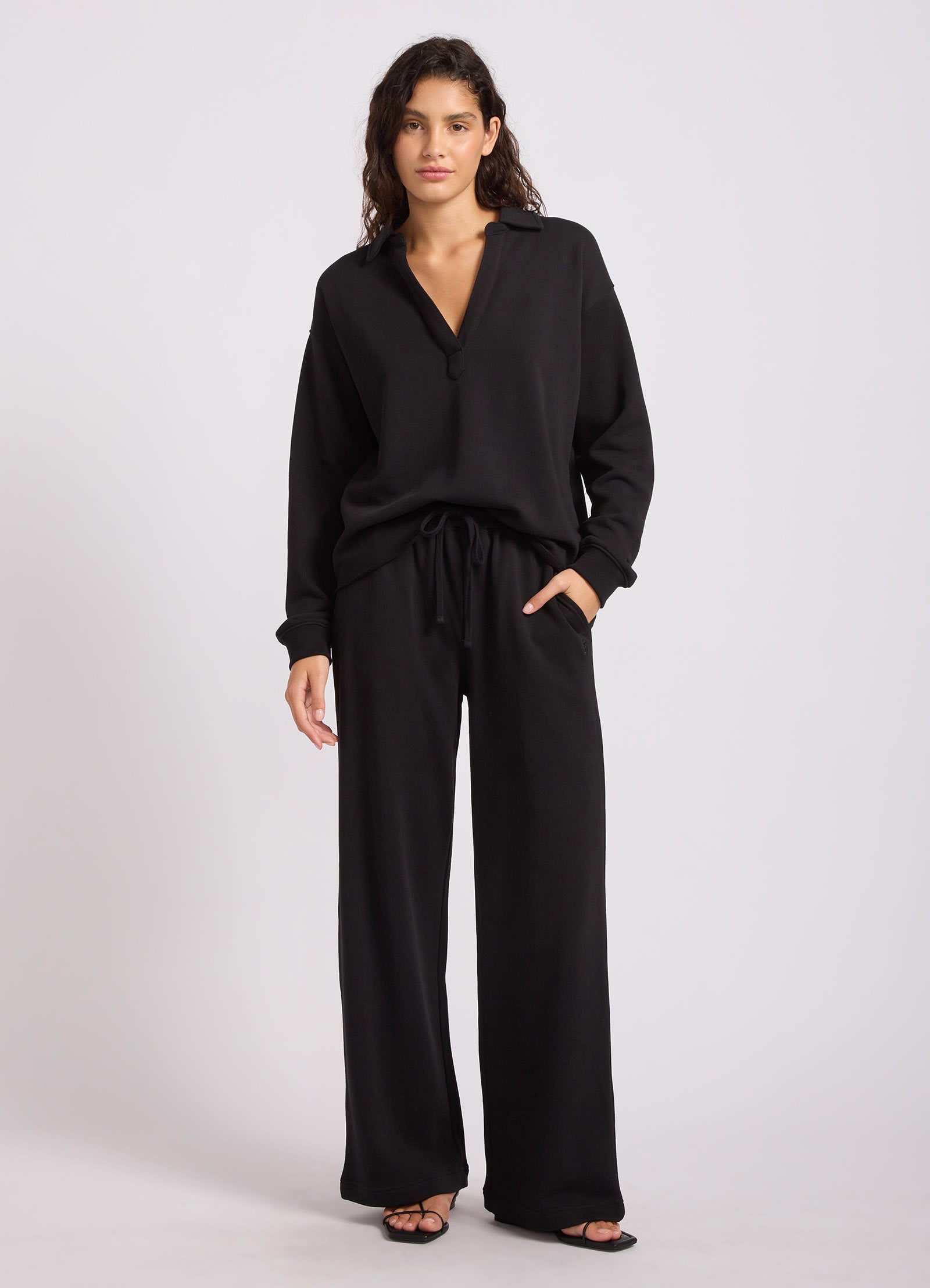 French Terry Wide Leg Pant - Black view 5