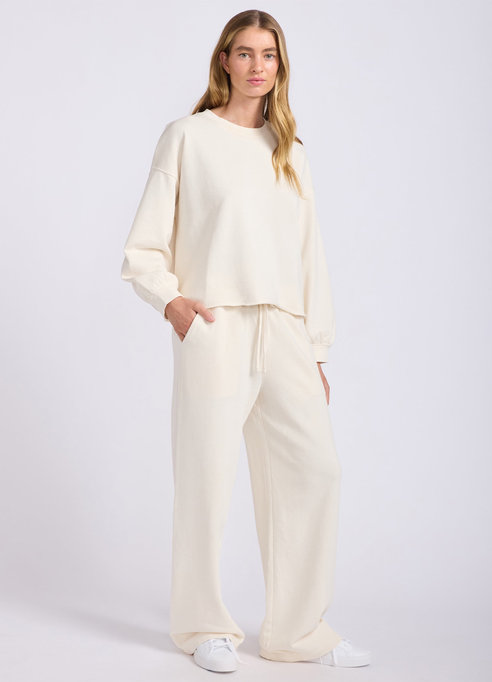 French Terry Wide Leg Pant - Ecru view 2