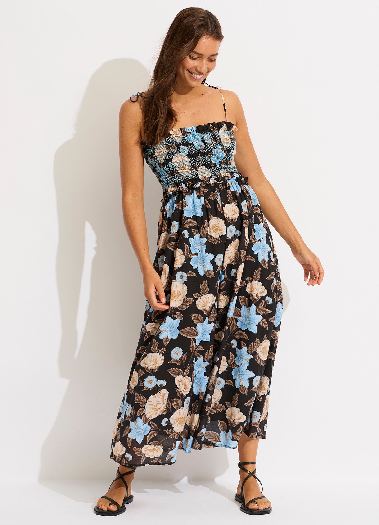 Garden Party Smocking Midi Dress - Black - Black