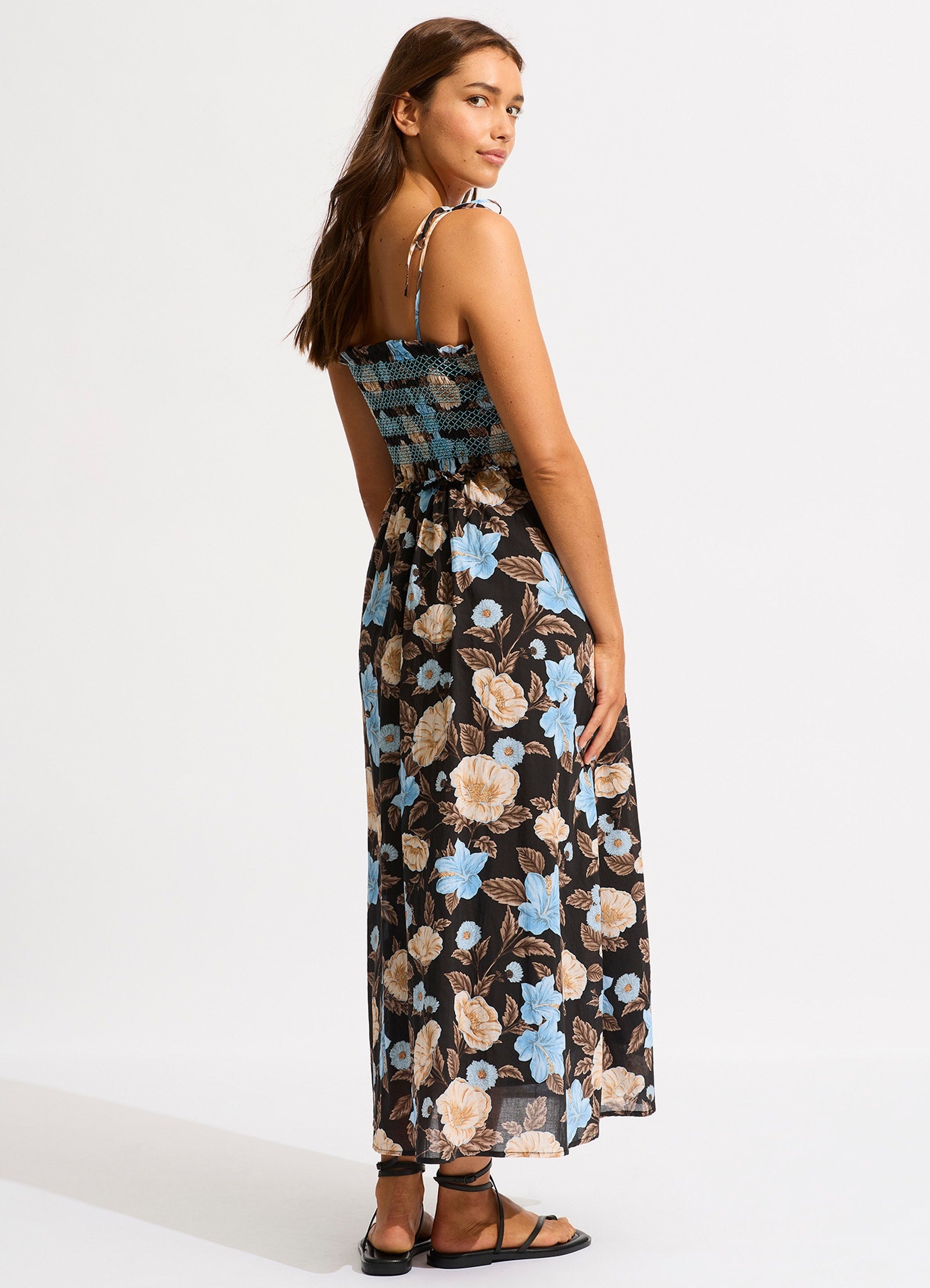 Garden Party Smocking Midi Dress - Black - Black view 3