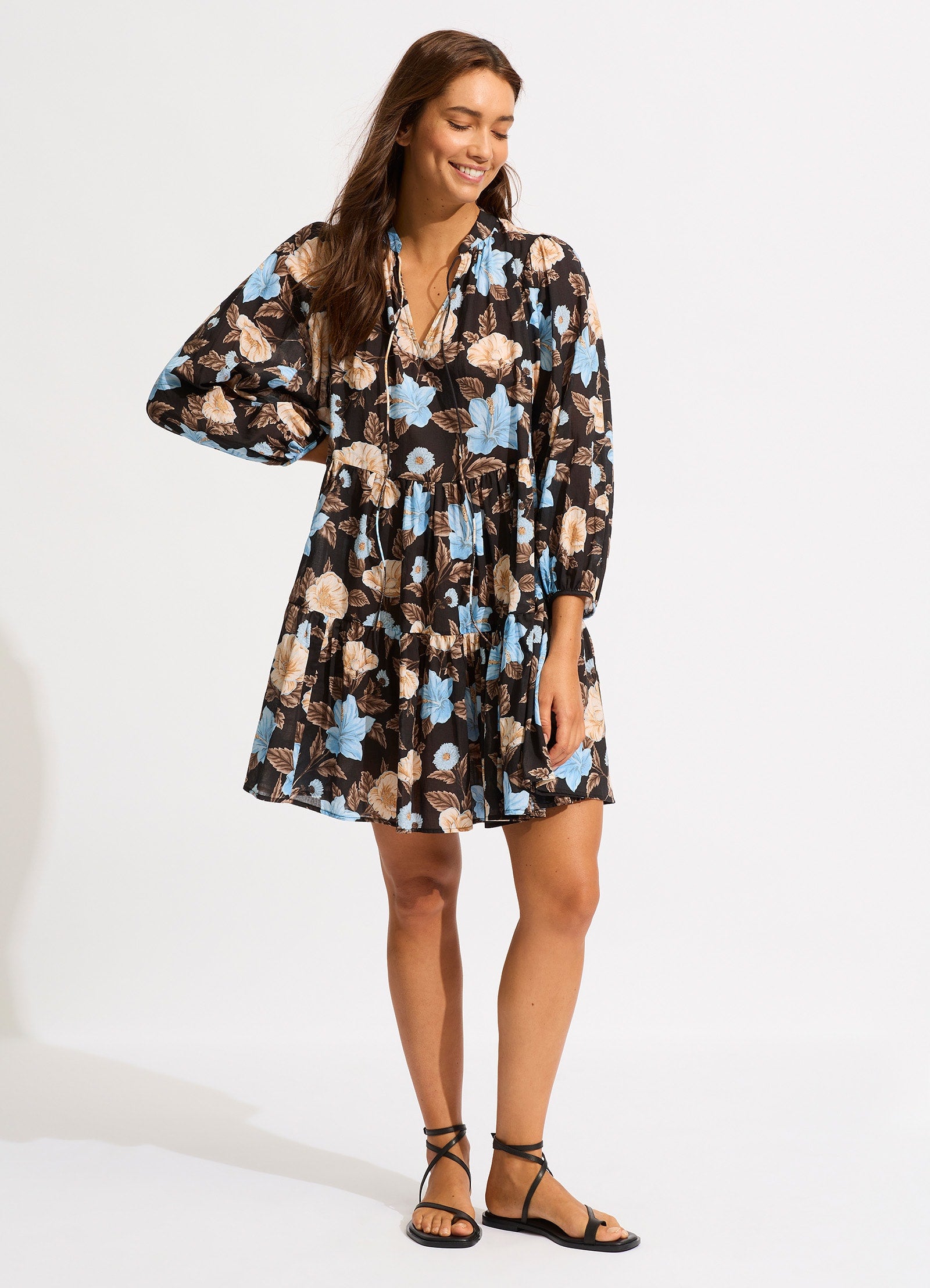 Garden Party Tiered Mini Dress - Black - Black