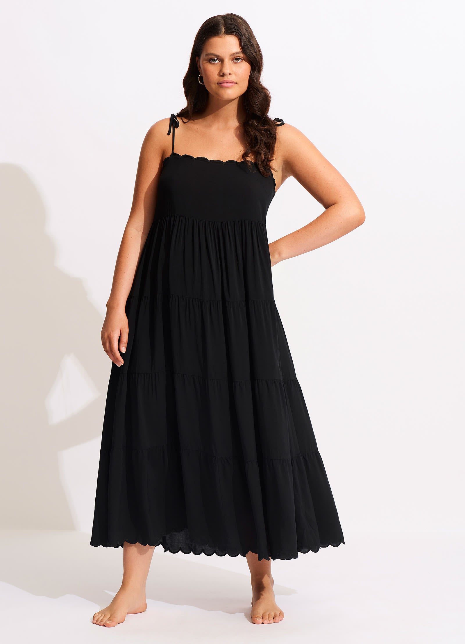 Gia Scallop Midi Dress - Black - Black