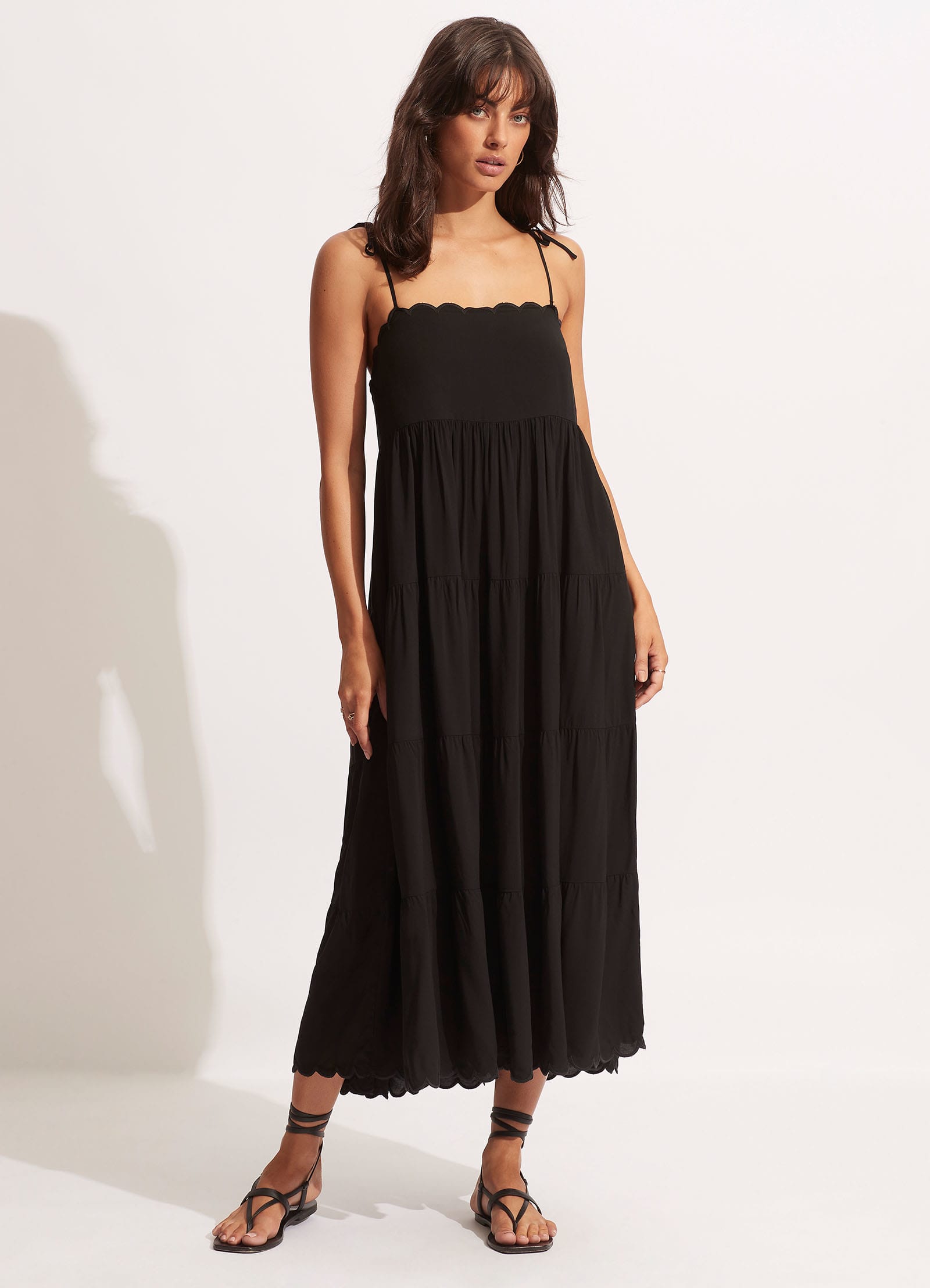 Gia Scallop Midi Dress - Black - Black view 2