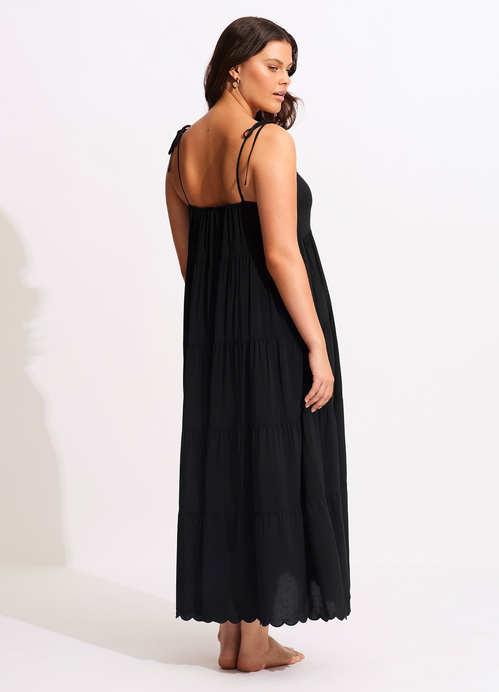 Gia Scallop Midi Dress - Black - Black view 6