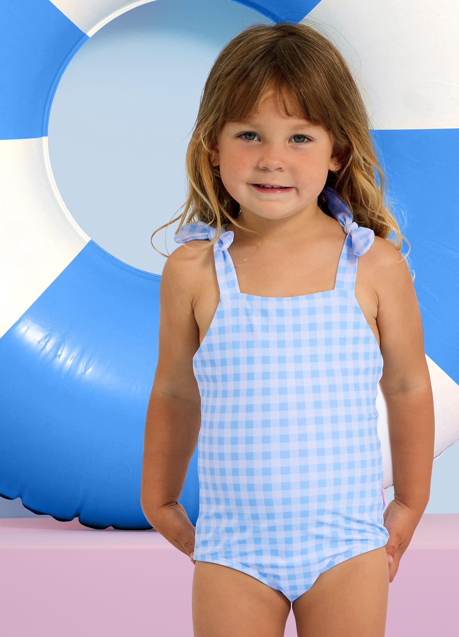 Gingham Bow One Piece - Placid Blue - Placid Blue