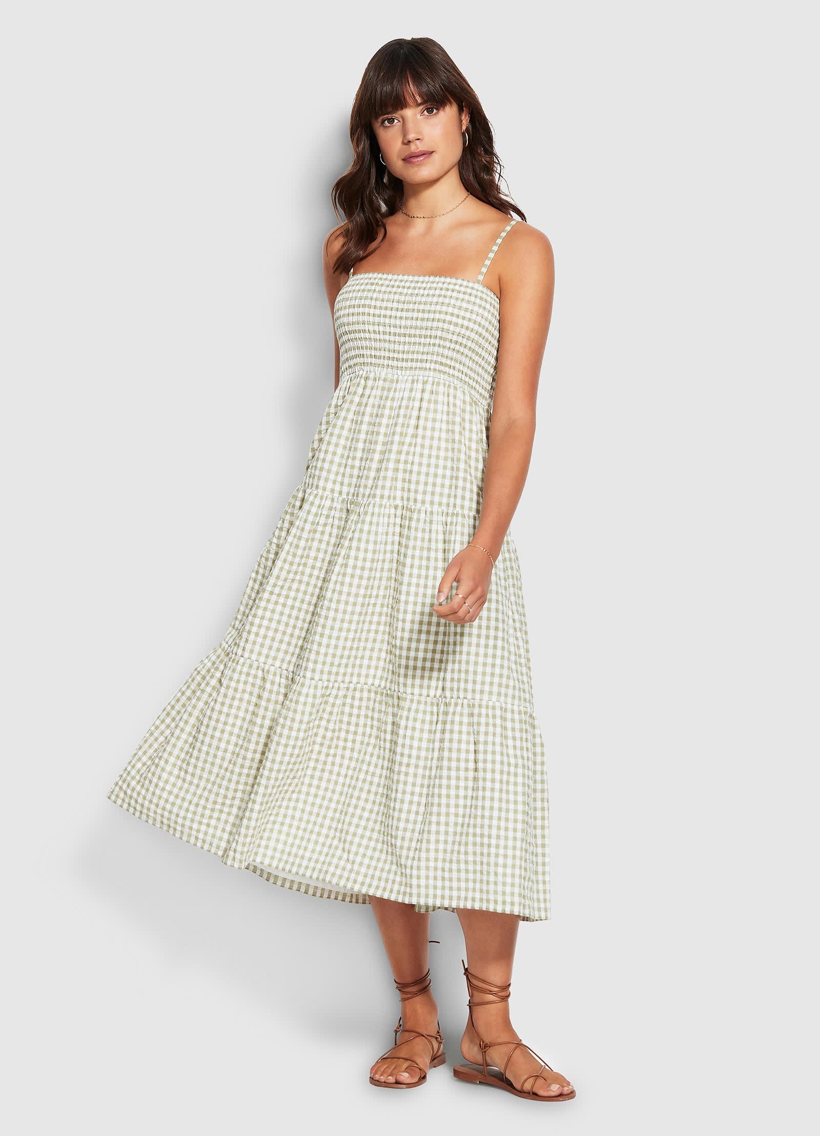 Gingham Shirring Dress - Thyme - Thyme
