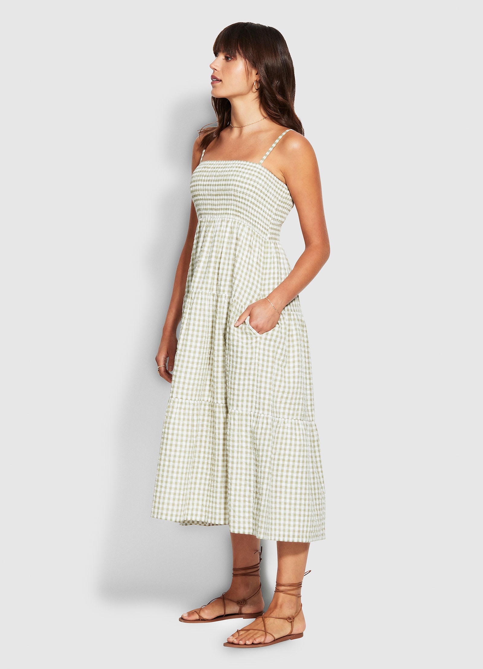 Gingham Shirring Dress - Thyme - Thyme view 2