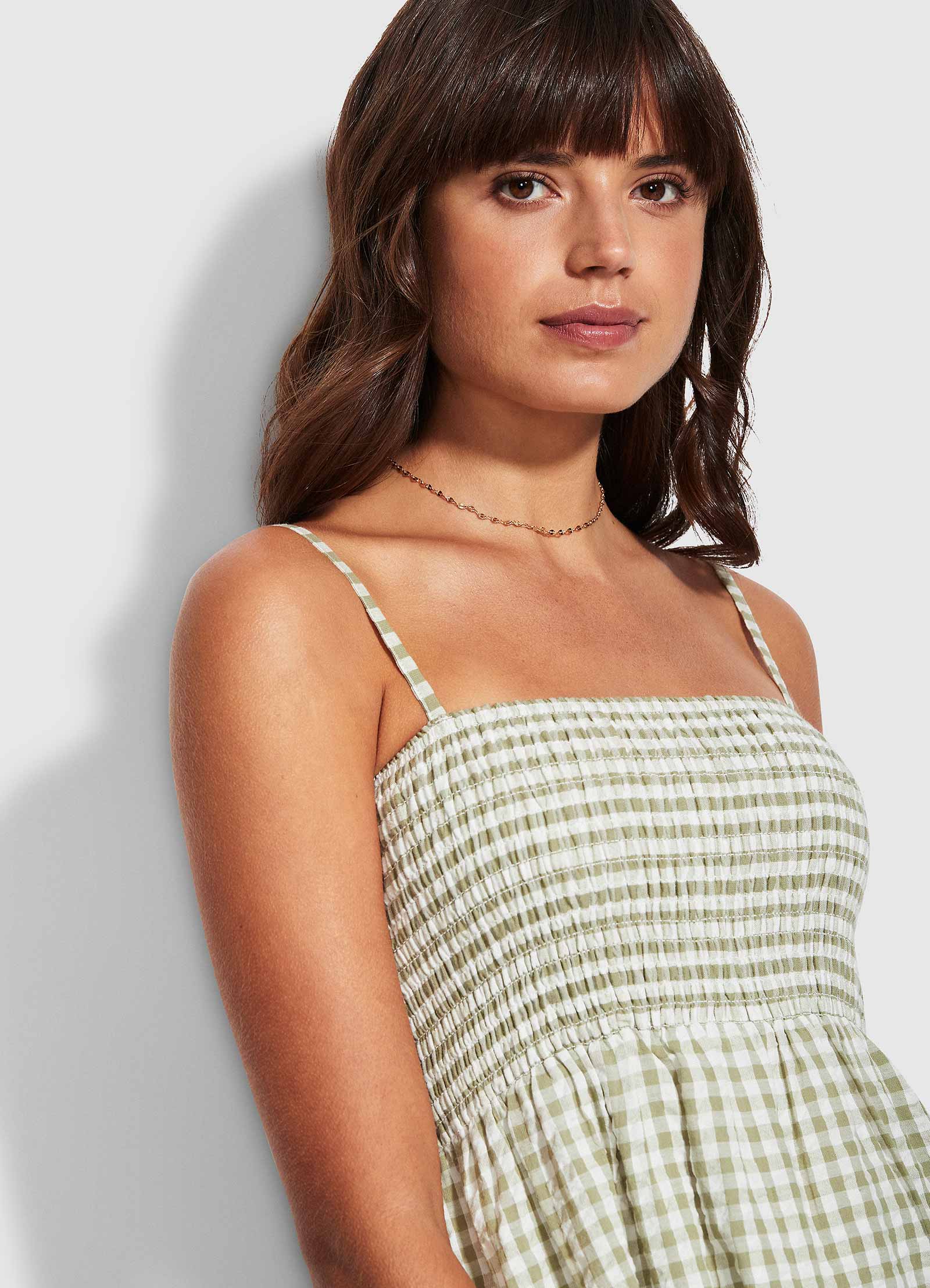 Gingham Shirring Dress - Thyme - Thyme view 4