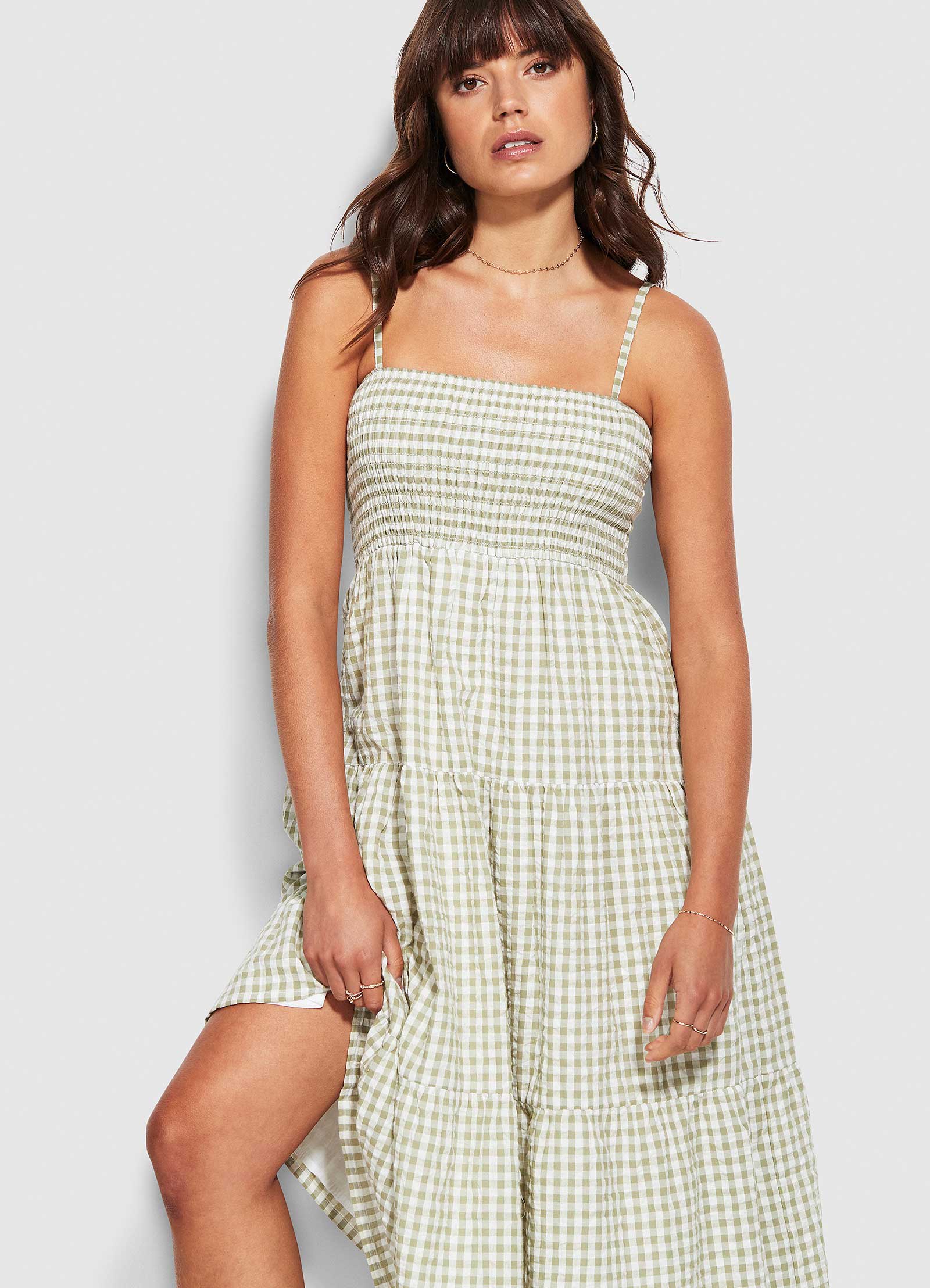 Gingham Shirring Dress - Thyme - Thyme view 5