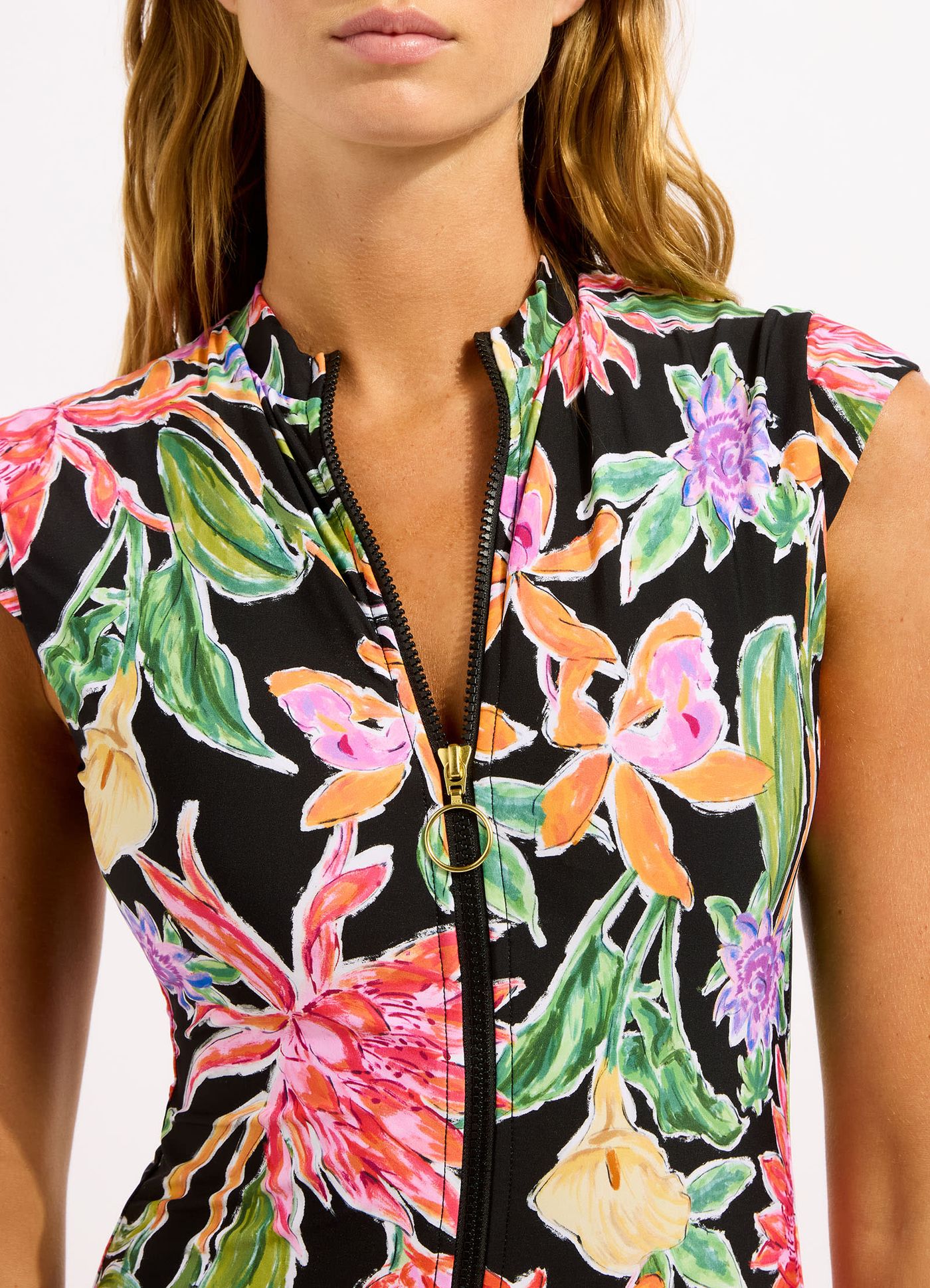 Hothouse Flowers Zip Front One Piece Swimsuit - Black view 4