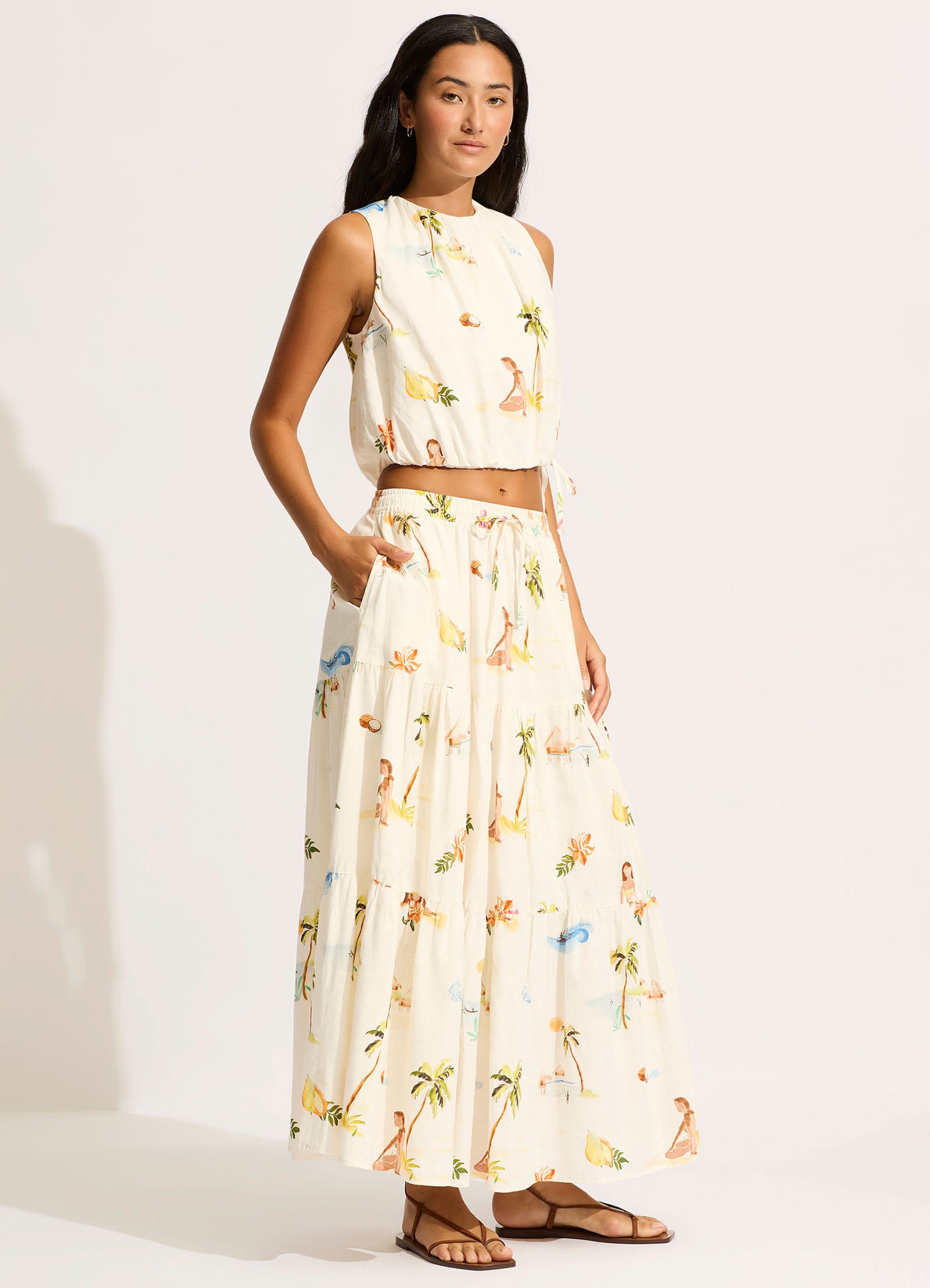 Isla Palm Drawcord Waist Top - Ecru - Ecru view 3