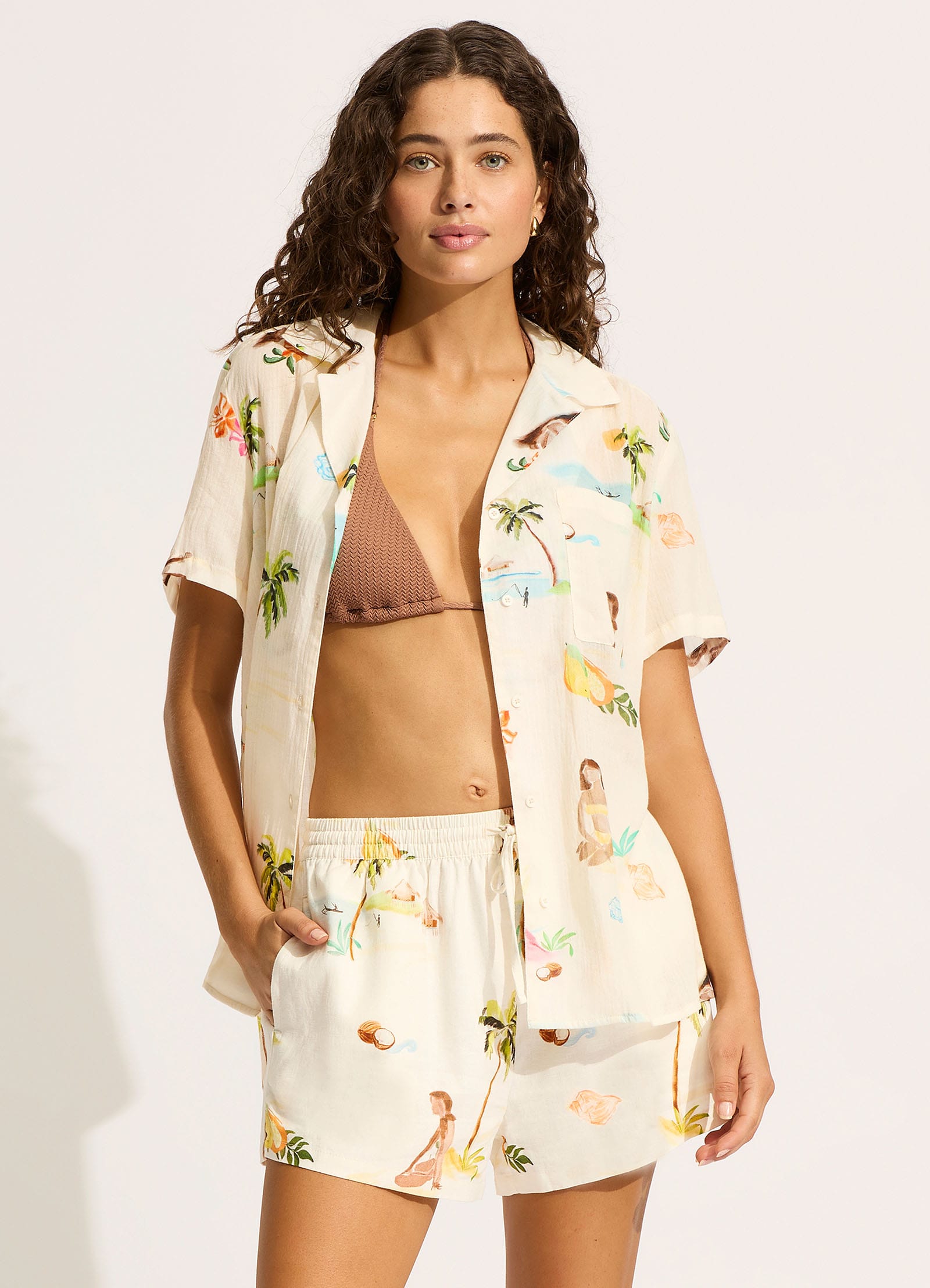 Isla Palm Longline Short Sleeve Shirt - Ecru - Ecru view 2