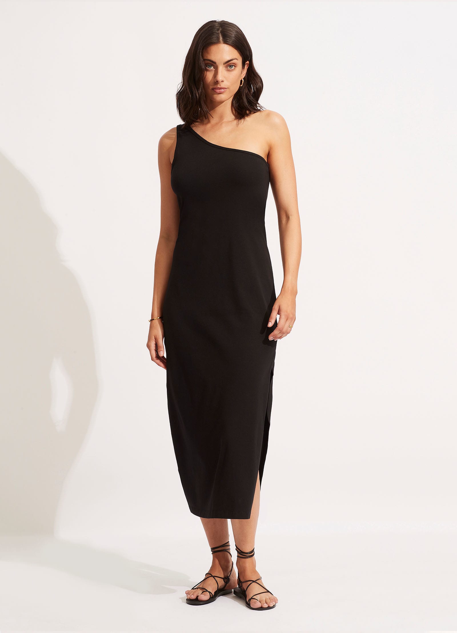 Jersey One Shoulder Midi Dress - Black - Black view 2