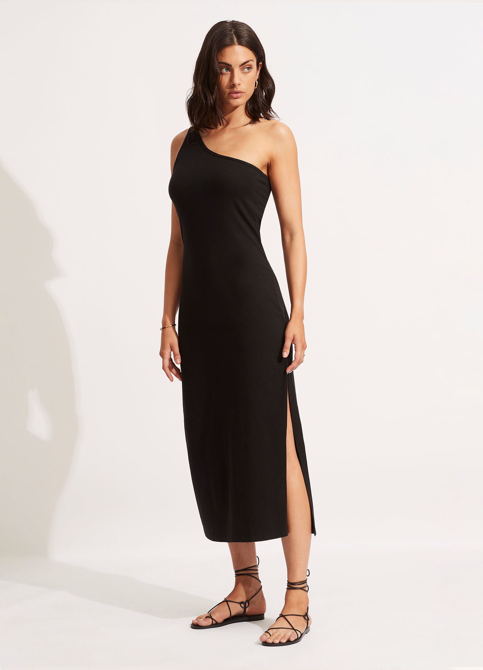 Jersey One Shoulder Midi Dress - Black - Black view 3