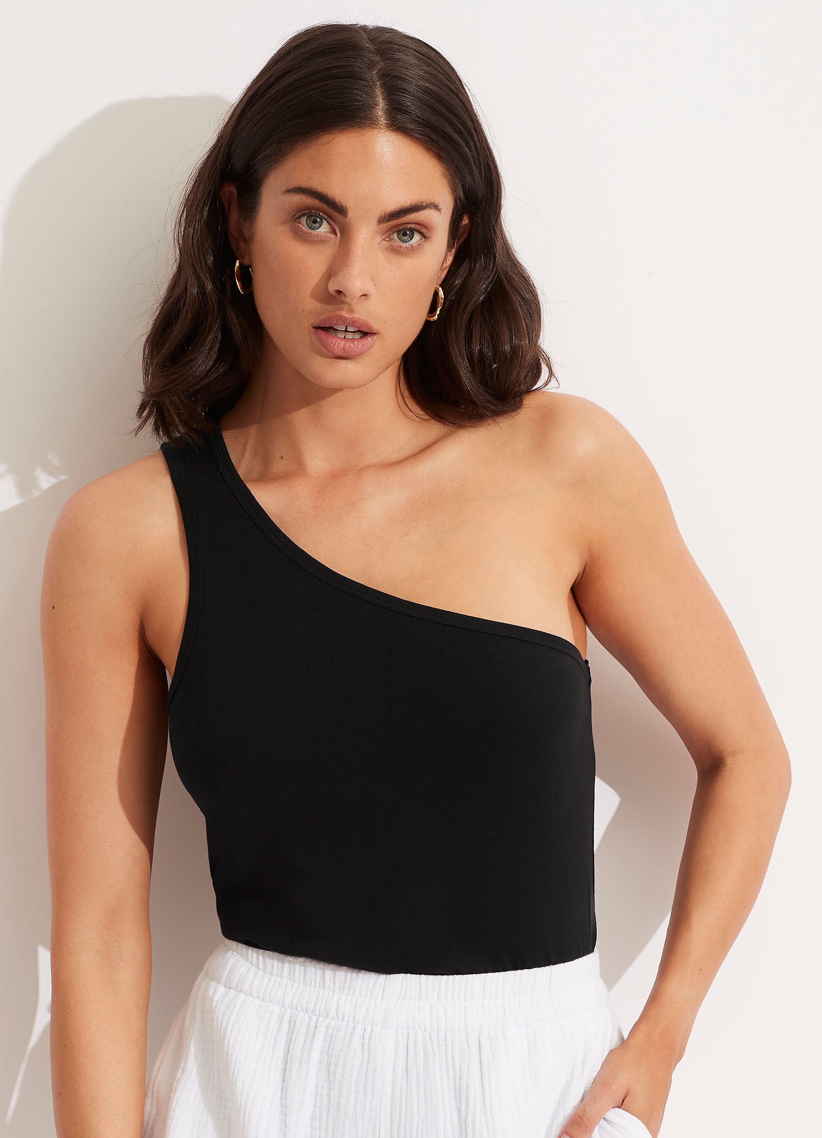 Jersey One Shoulder Top - Black - Black