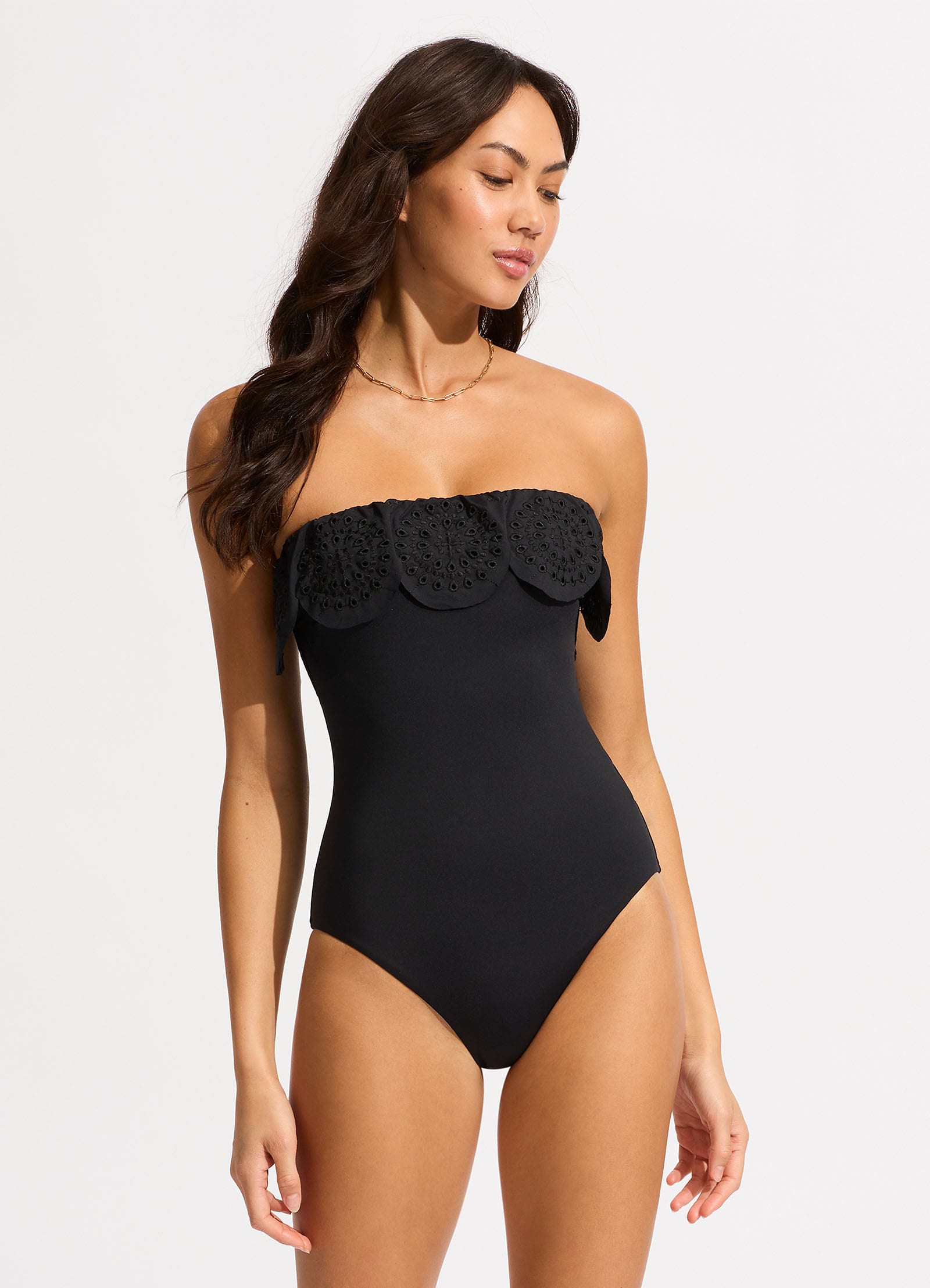 Lulu Bandeau One Piece with Flounce - Black - Black