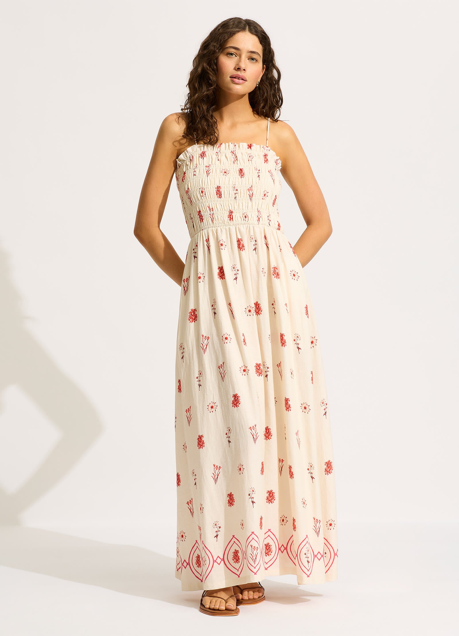 Marbella Shirred Maxi Dress - Flame - Flame