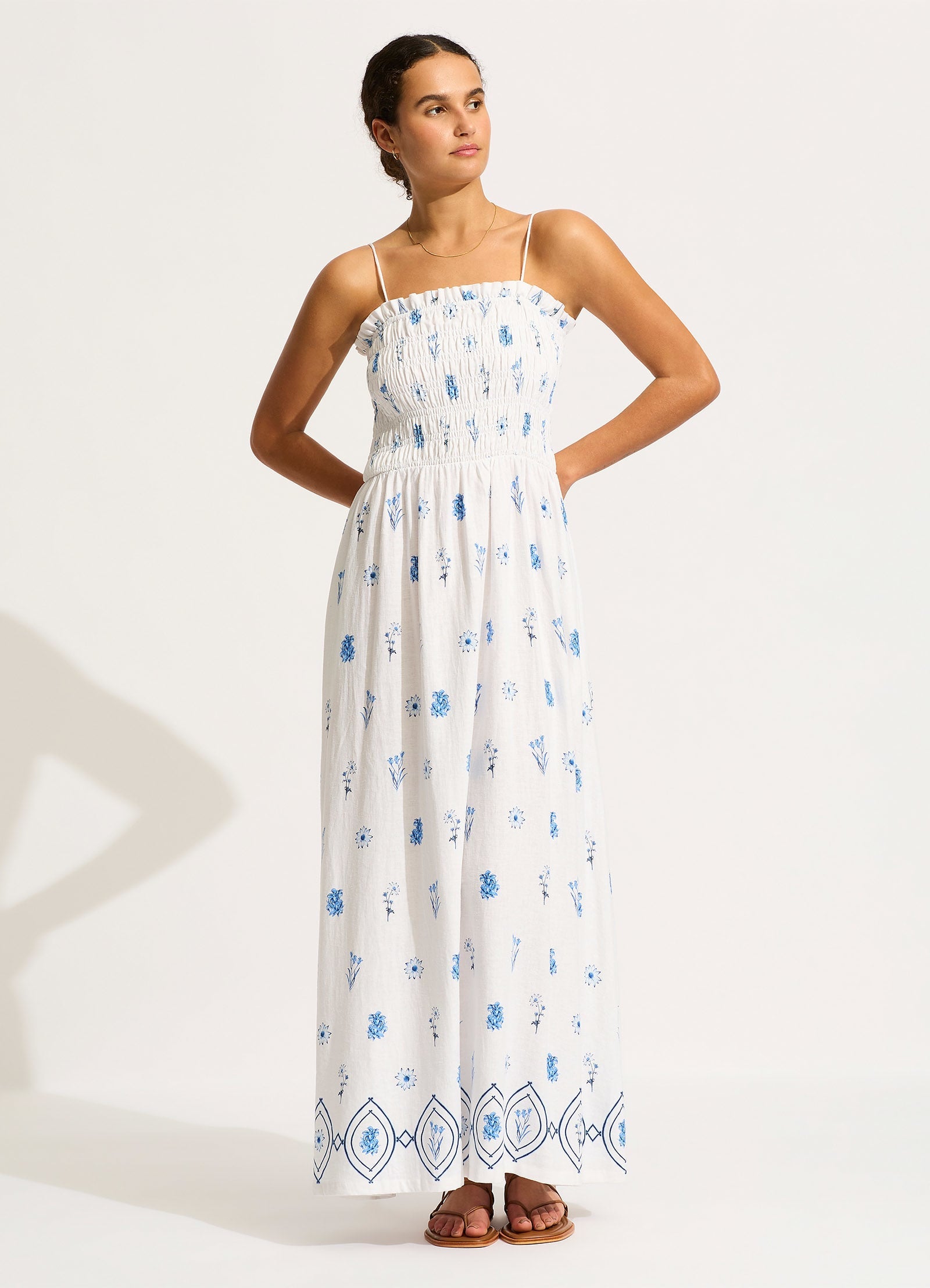 Marbella Shirred Maxi Dress - White - White