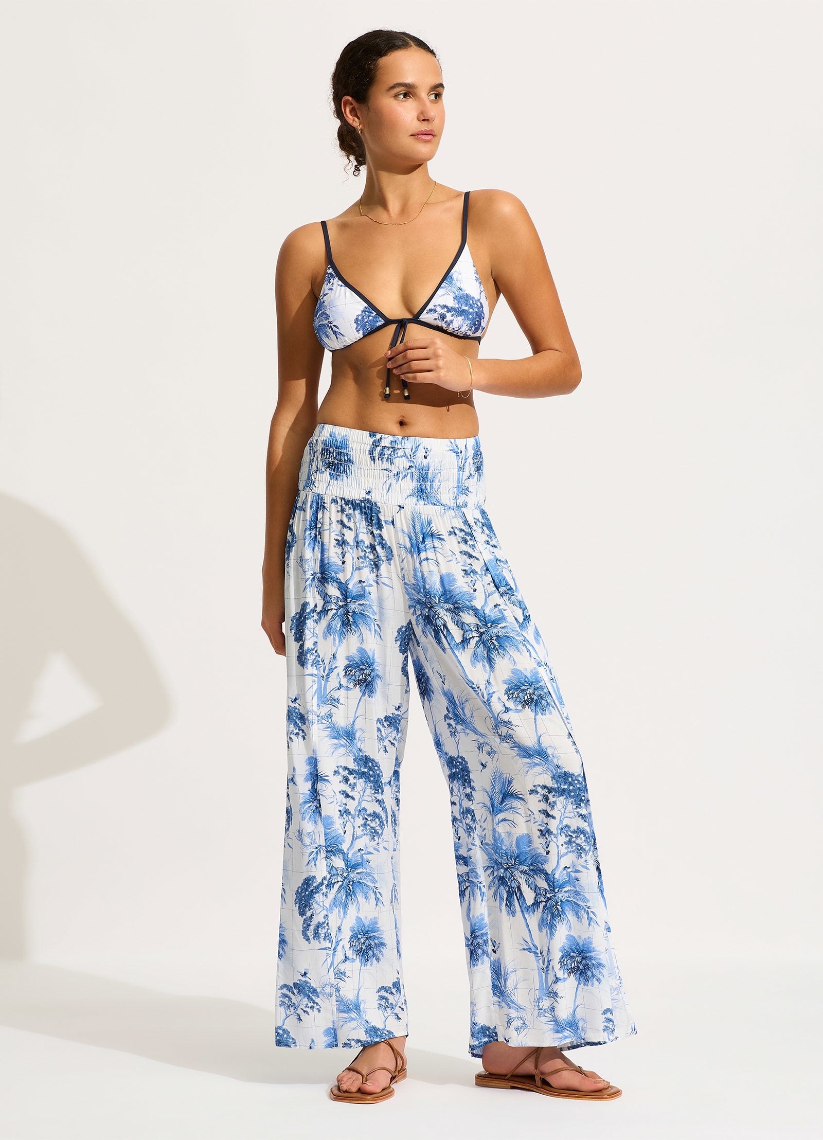 Marbella Shirred Waist Wrap Pant - White - White