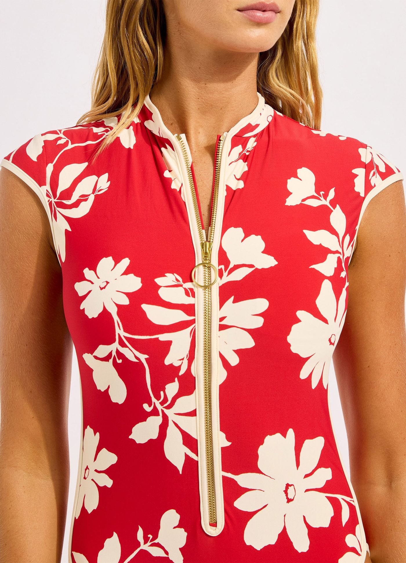 Mayflower Cap Sleeve Zip Front One Piece Swimsuit - Cosmo Red view 4