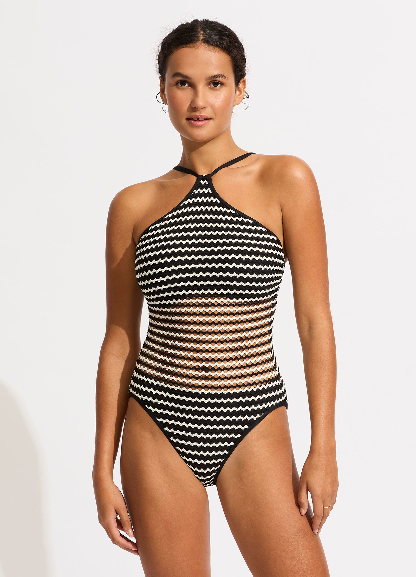 Mesh Effect DD High Neck One Piece - Black - Black