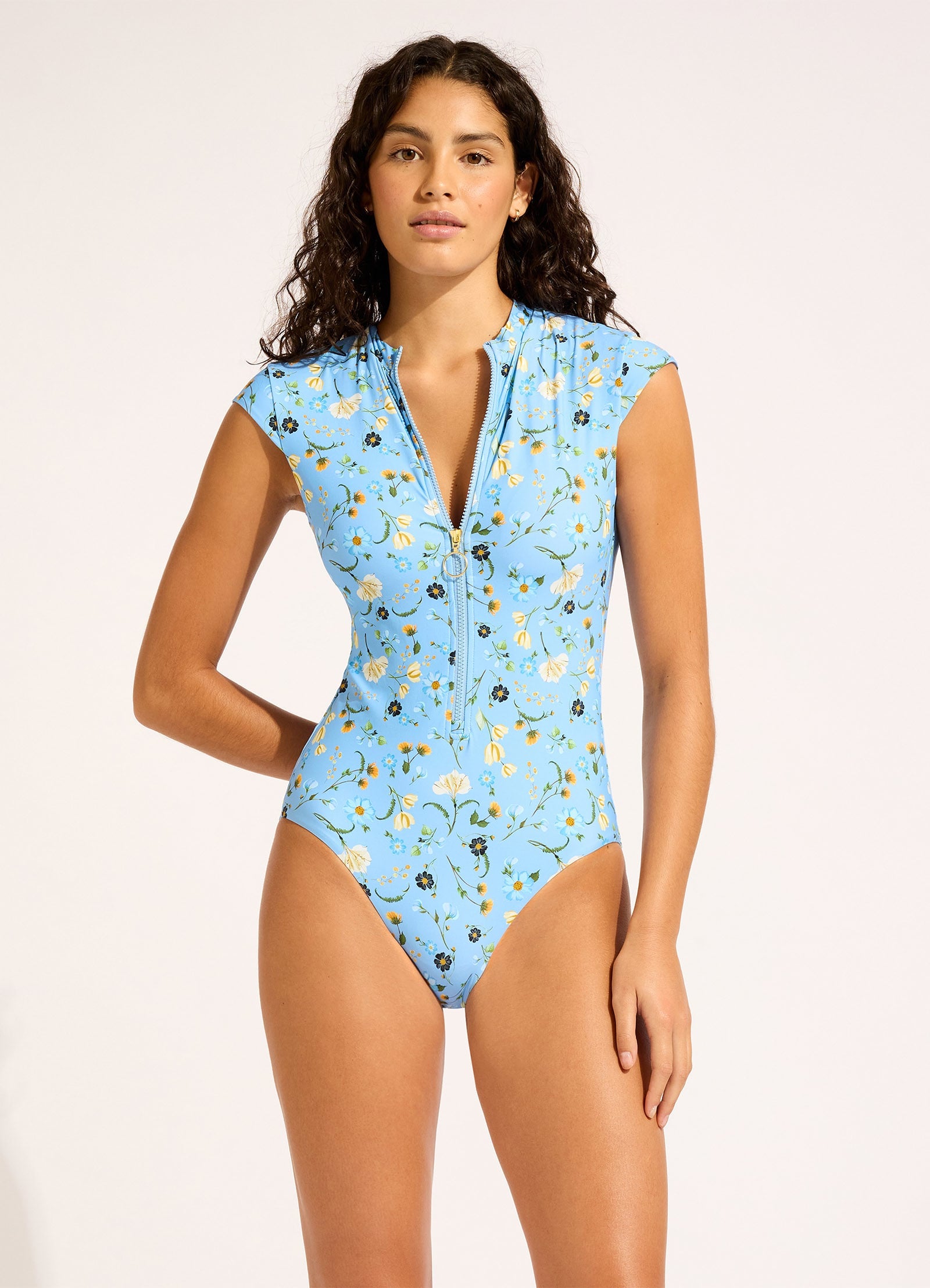 Modern Romance Zip Front One Piece Swimsuit - Powder Blue