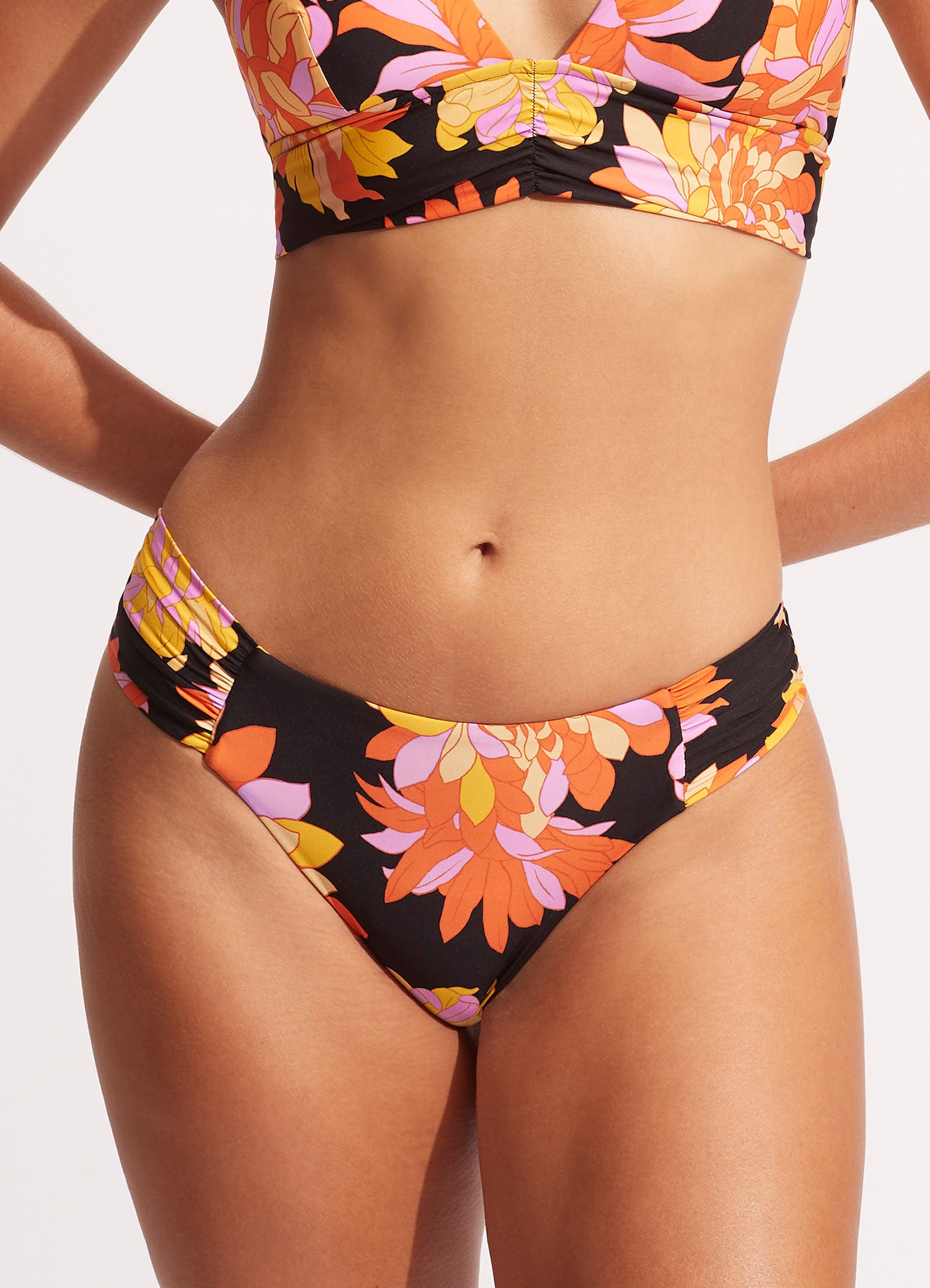 Palm Springs Ruched Side Retro Bikini Bottom - Black - Black view 2