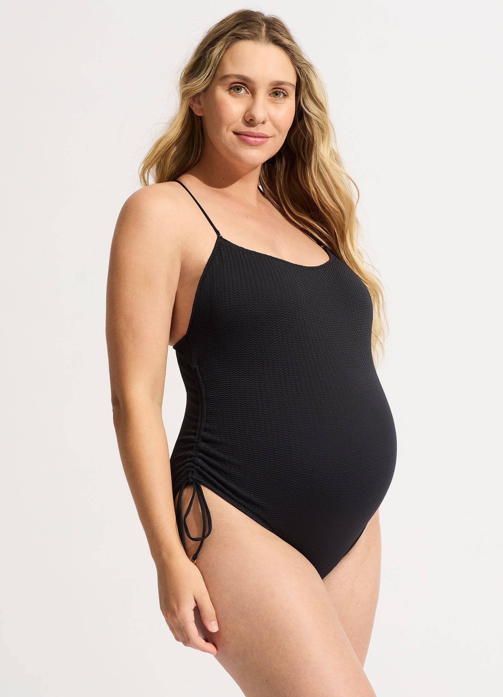 Sea Dive Scoop Neck Drawstring Side One Piece - Black - Black view 3