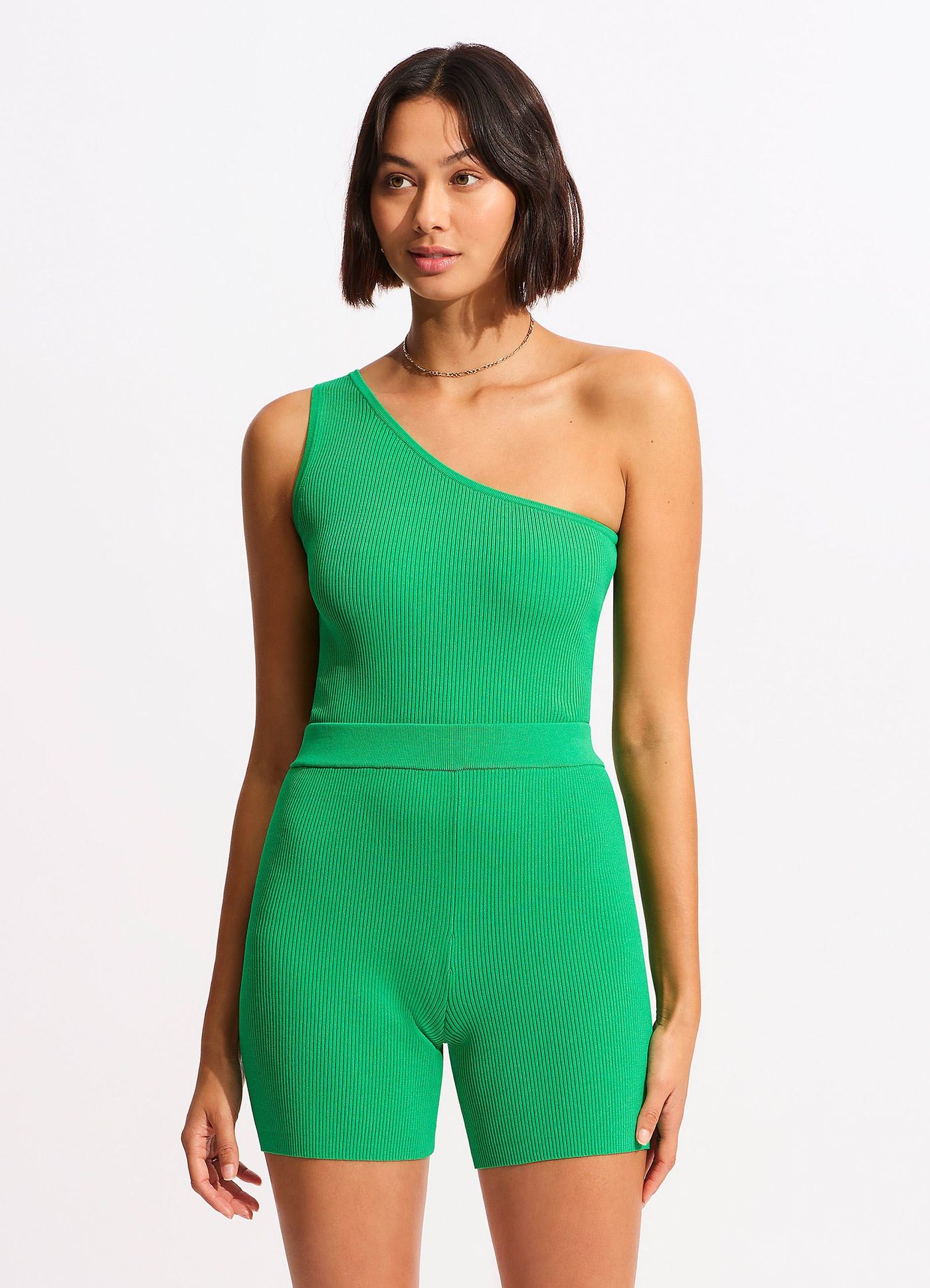 Sea Skin Rib One Shoulder Top - Green - Green view 2