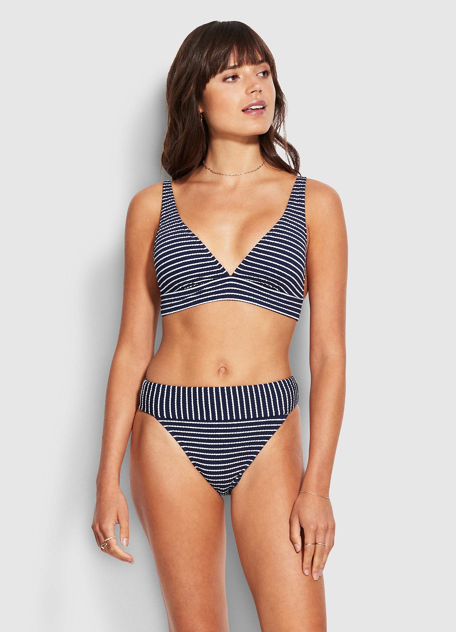 Seaside Stripe Banded High Rise Bikini Bottom - True Navy - True Navy