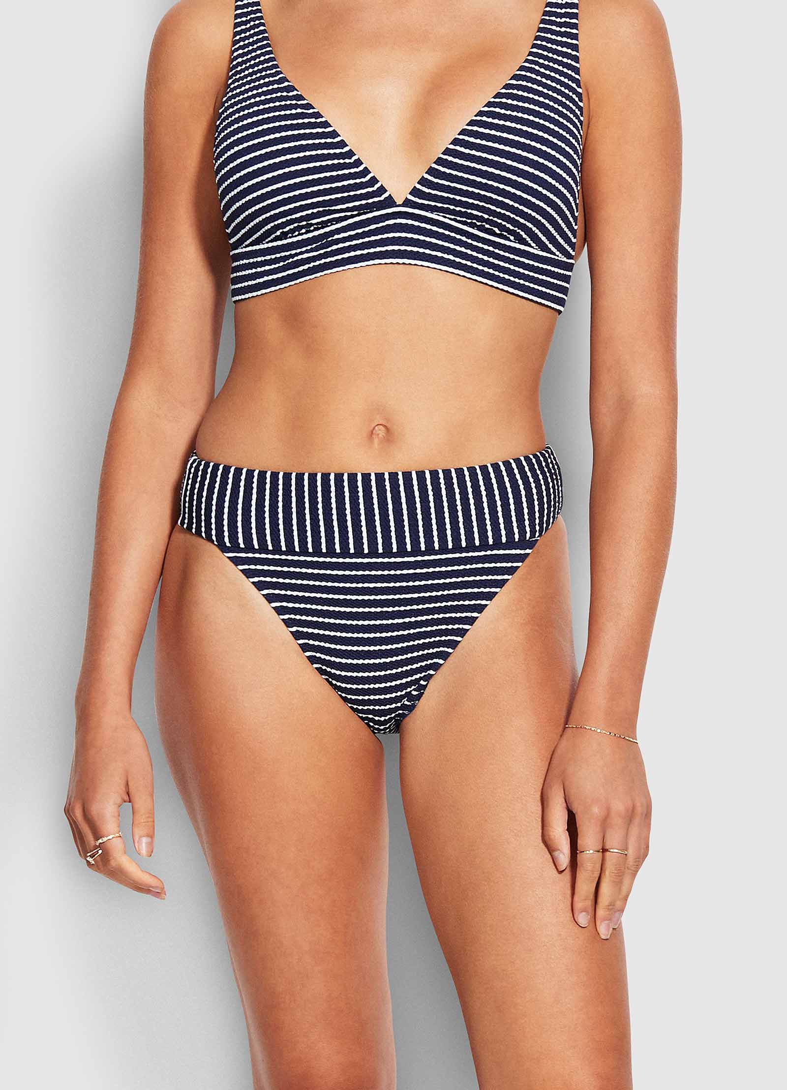 Seaside Stripe Banded High Rise Bikini Bottom - True Navy - True Navy view 2
