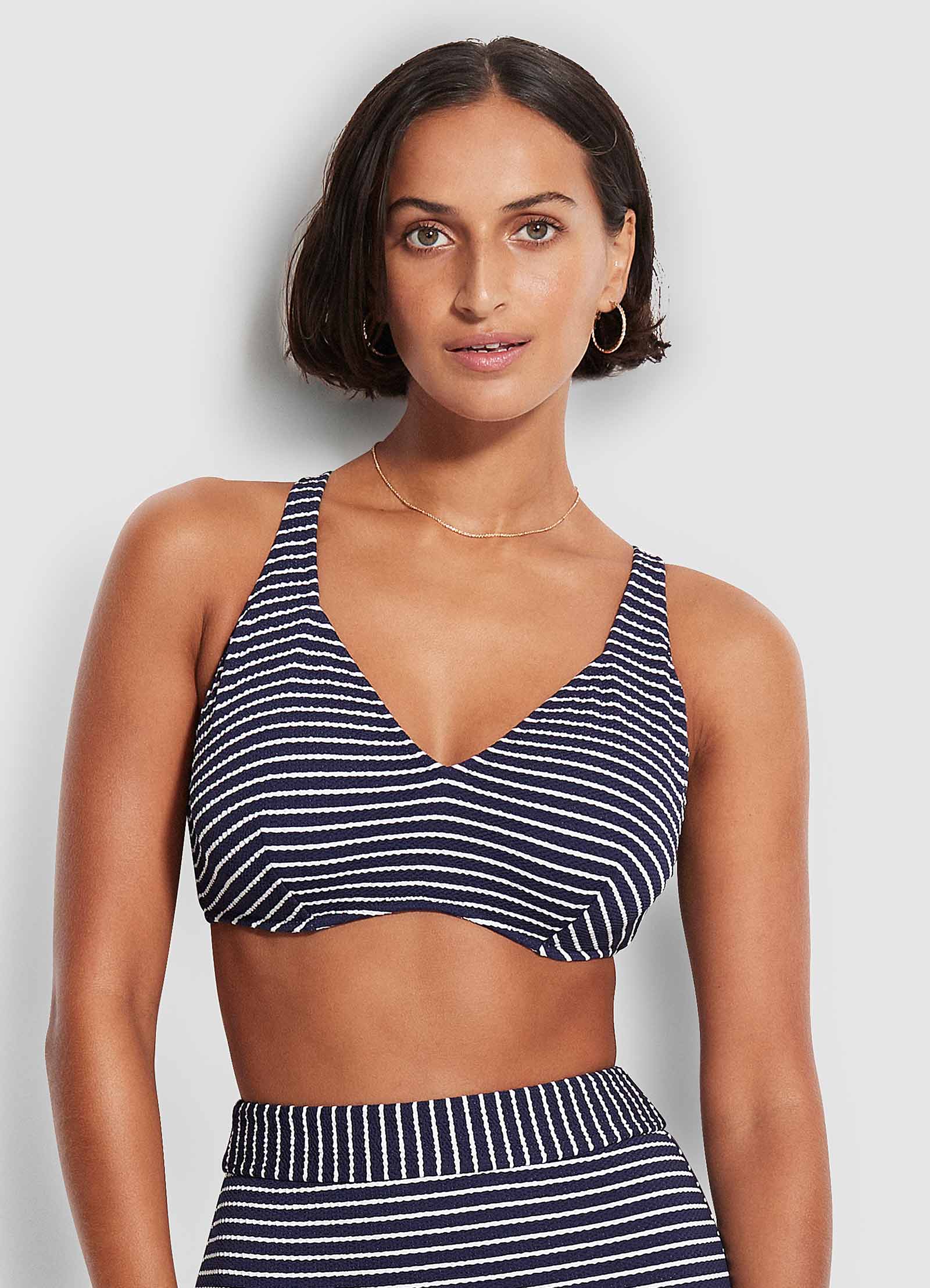 Seaside Stripe F Cup Halter Bikini Top - True Navy - True Navy view 2