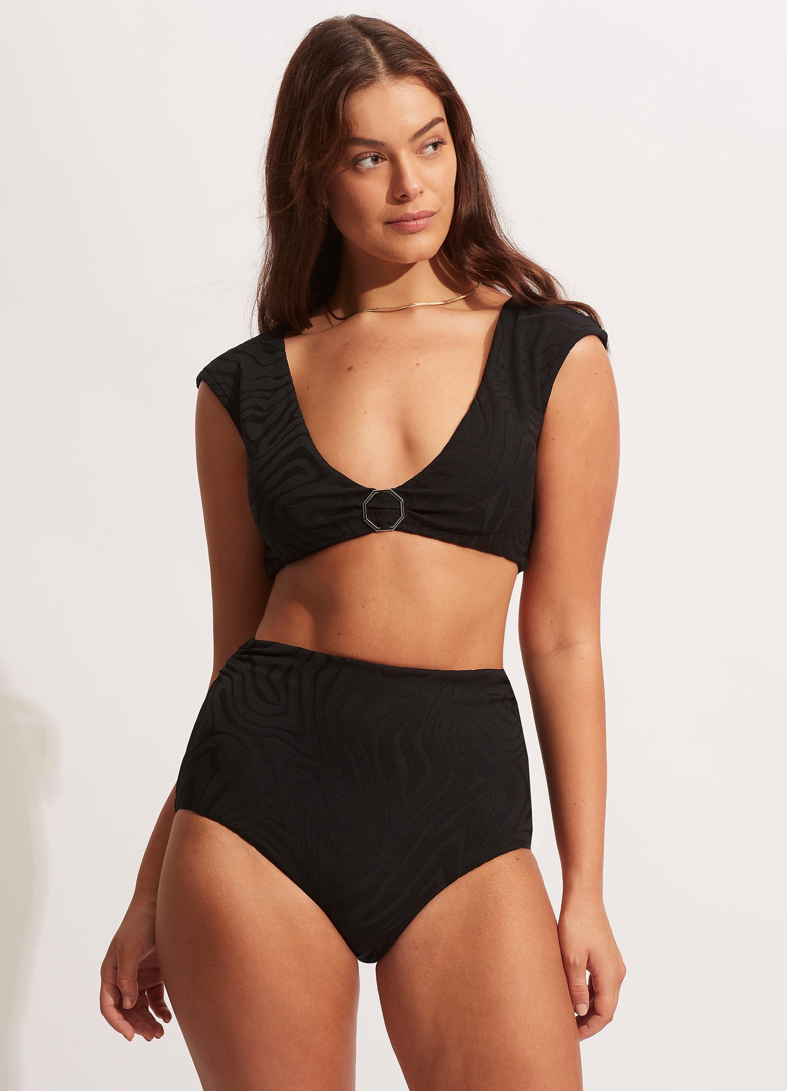 Second Wave High Waist Bikini Bottom - Black - Black