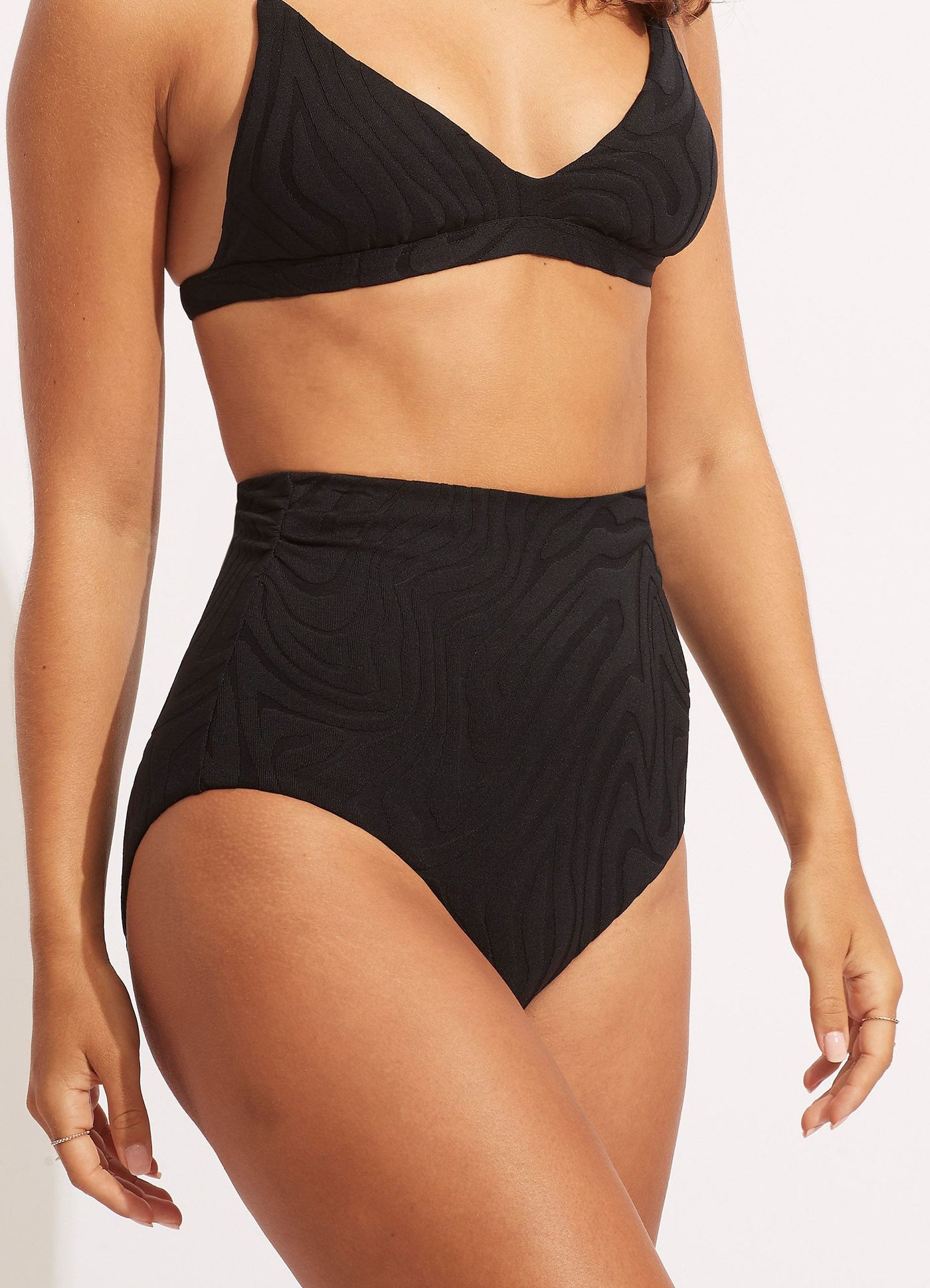 Second Wave High Waist Bikini Bottom - Black - Black view 4