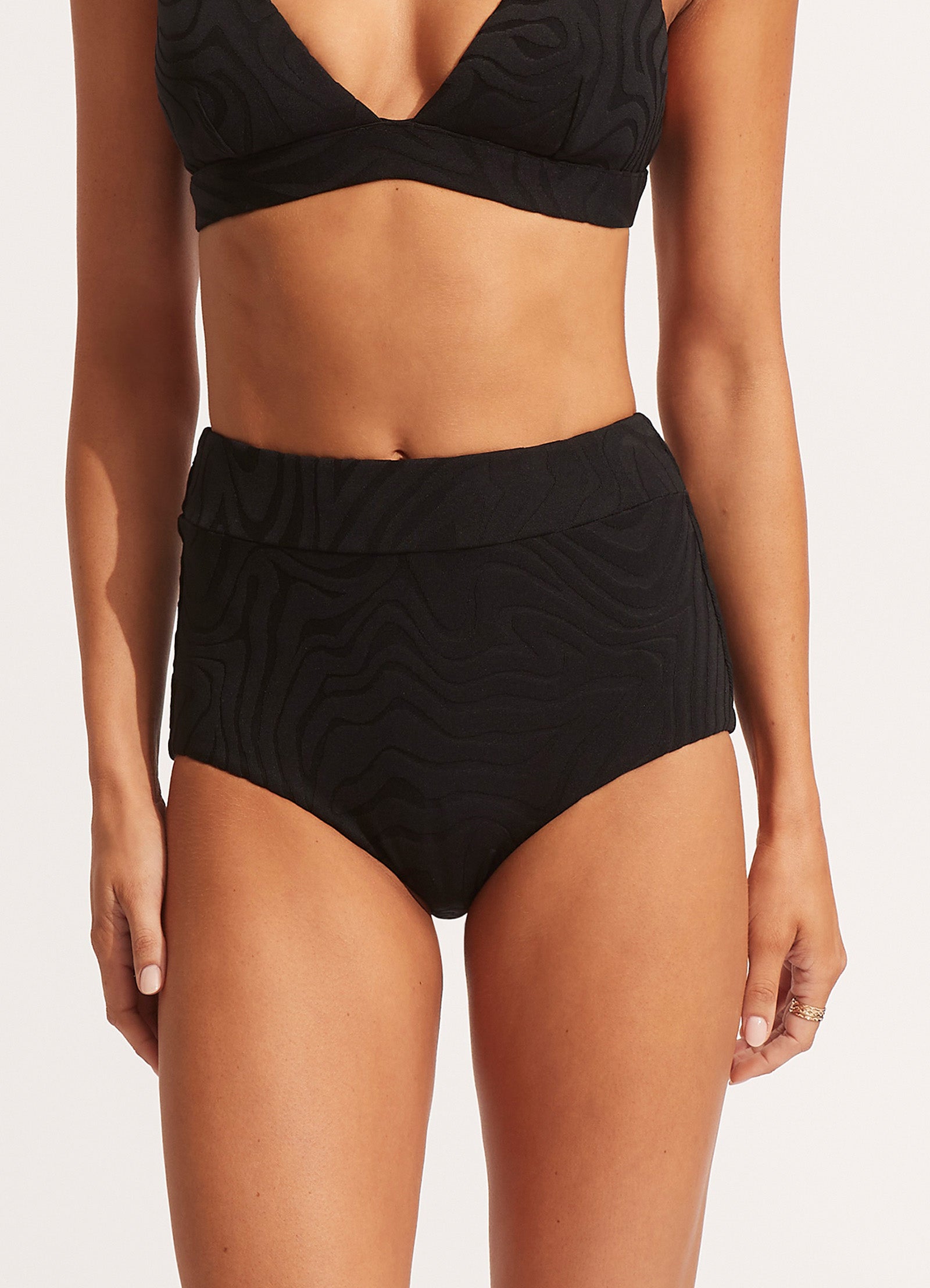 Second Wave High Waisted Bikini Bottom - Black - Black view 3