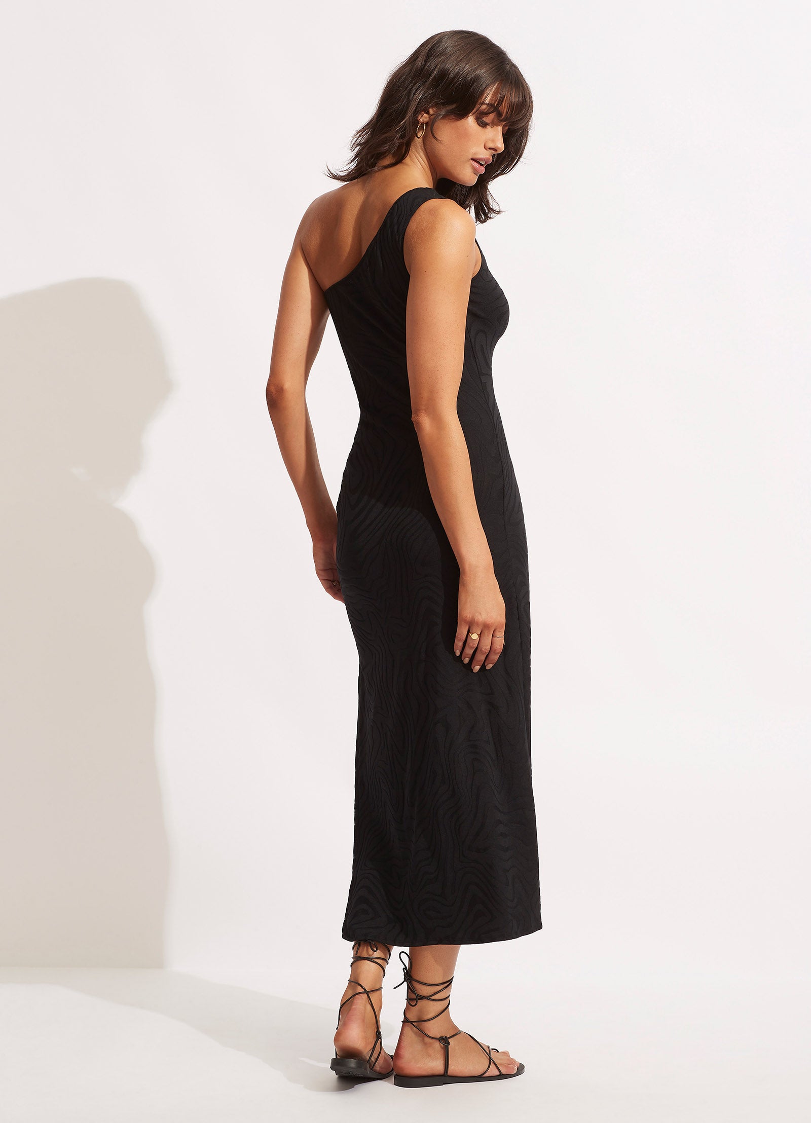 Second Wave One Shoulder Midi Dress - Black - Black view 5