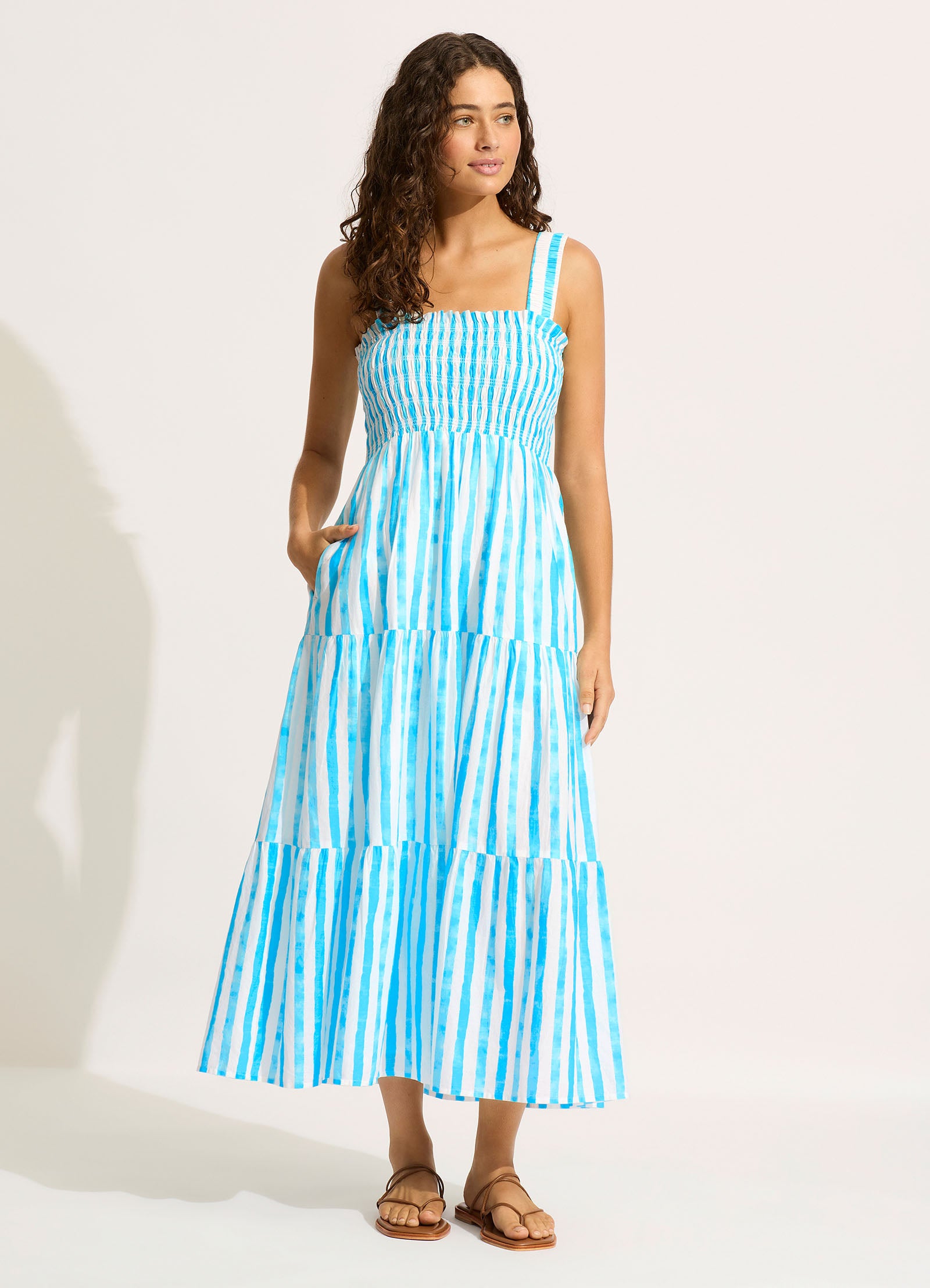 Shirred Midi Dress - Turquoise - Turquoise