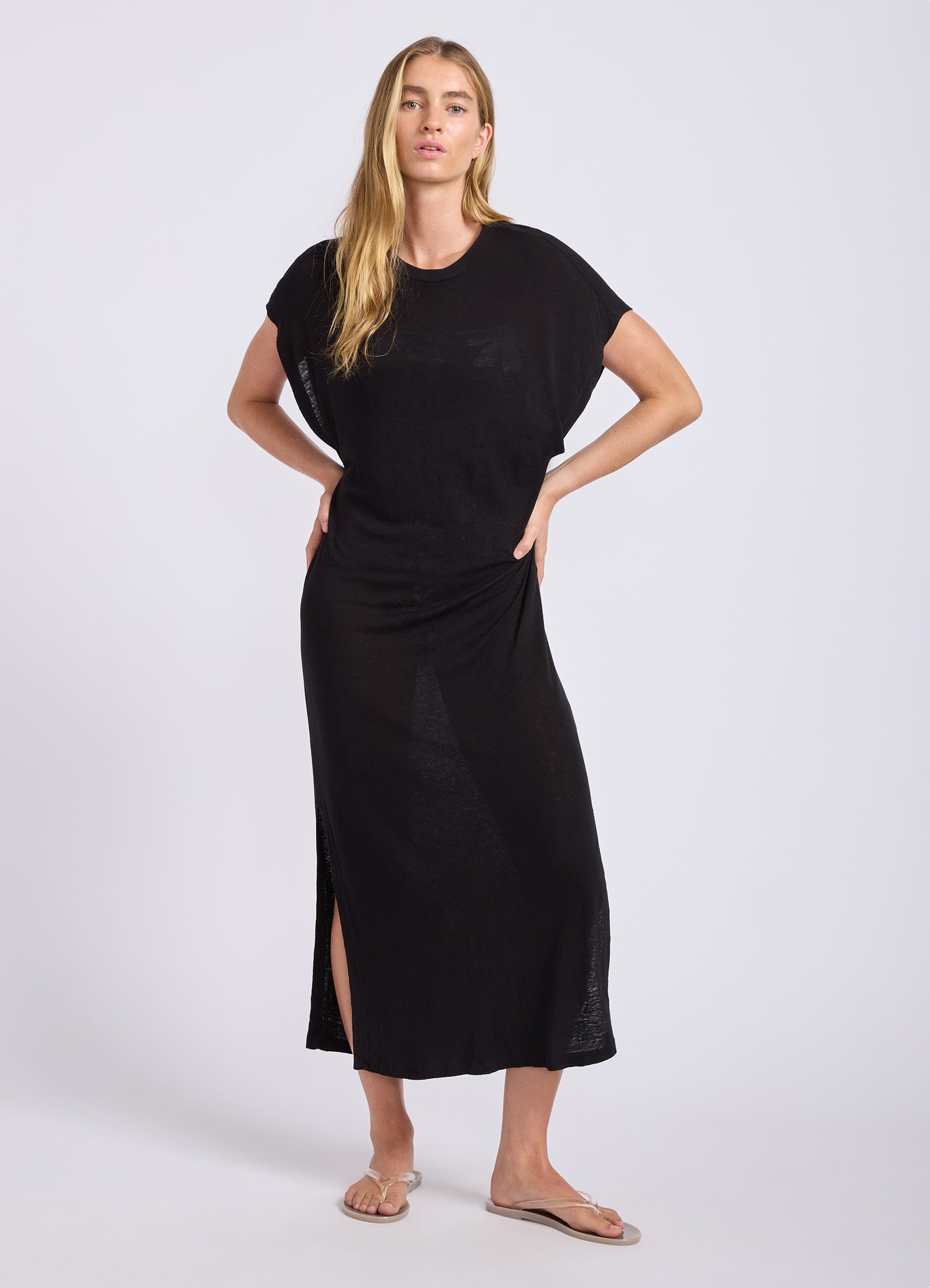 Slub Linen Batwing T-Shirt Dress - Black