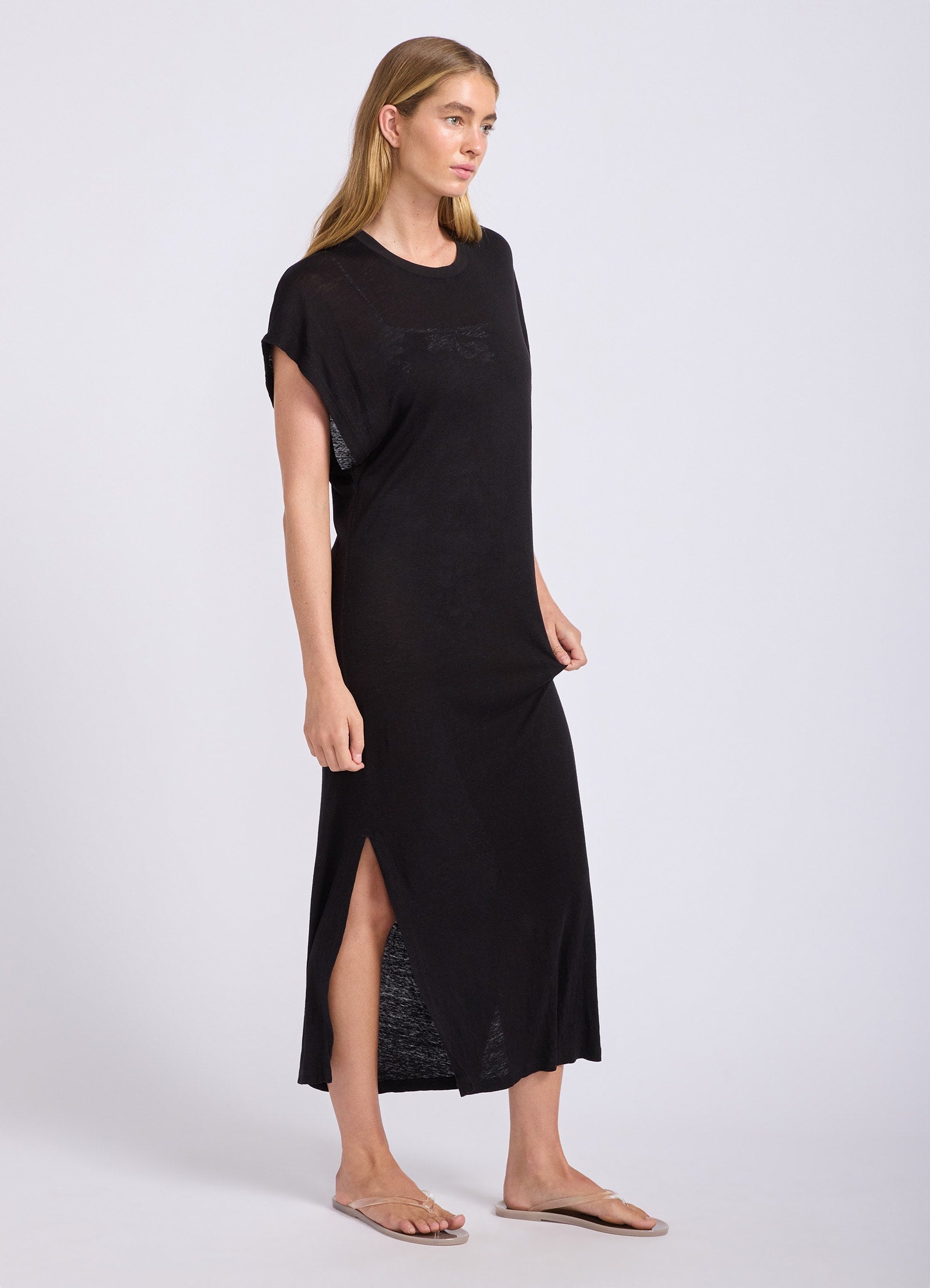 Slub Linen Batwing T-Shirt Dress - Black view 2