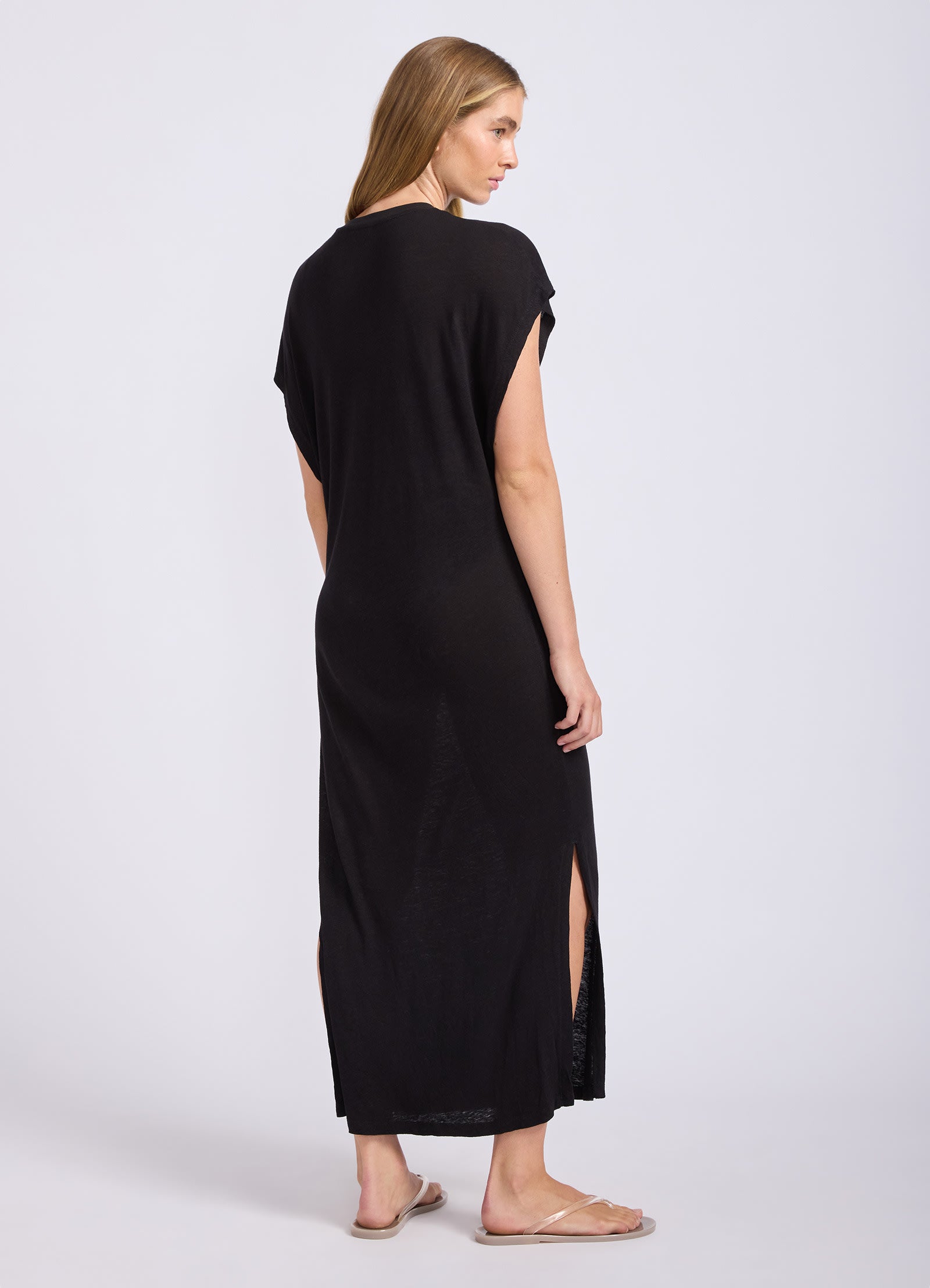 Slub Linen Batwing T-Shirt Dress - Black view 3