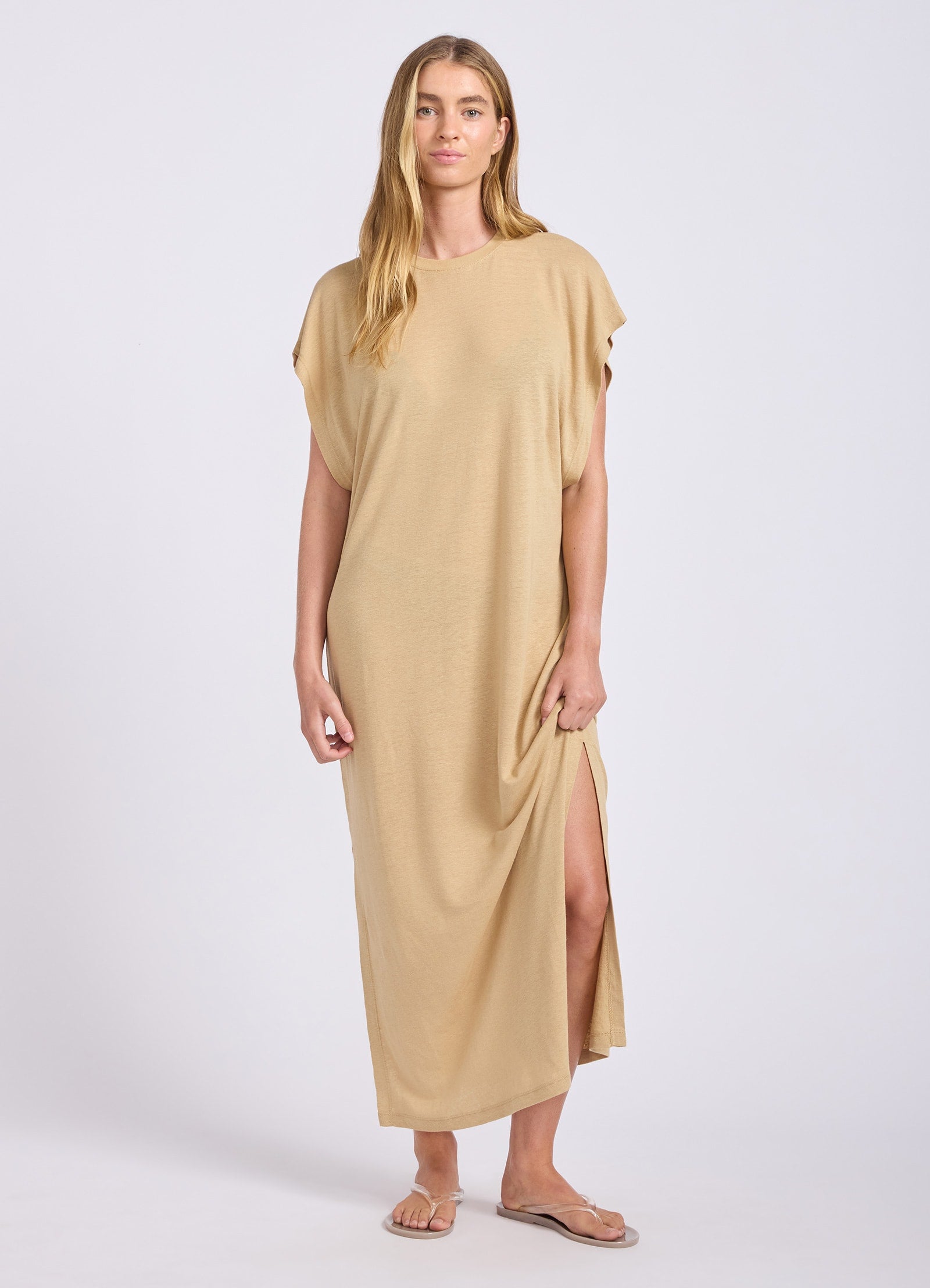 Slub Linen Batwing T-Shirt Dress - Tan