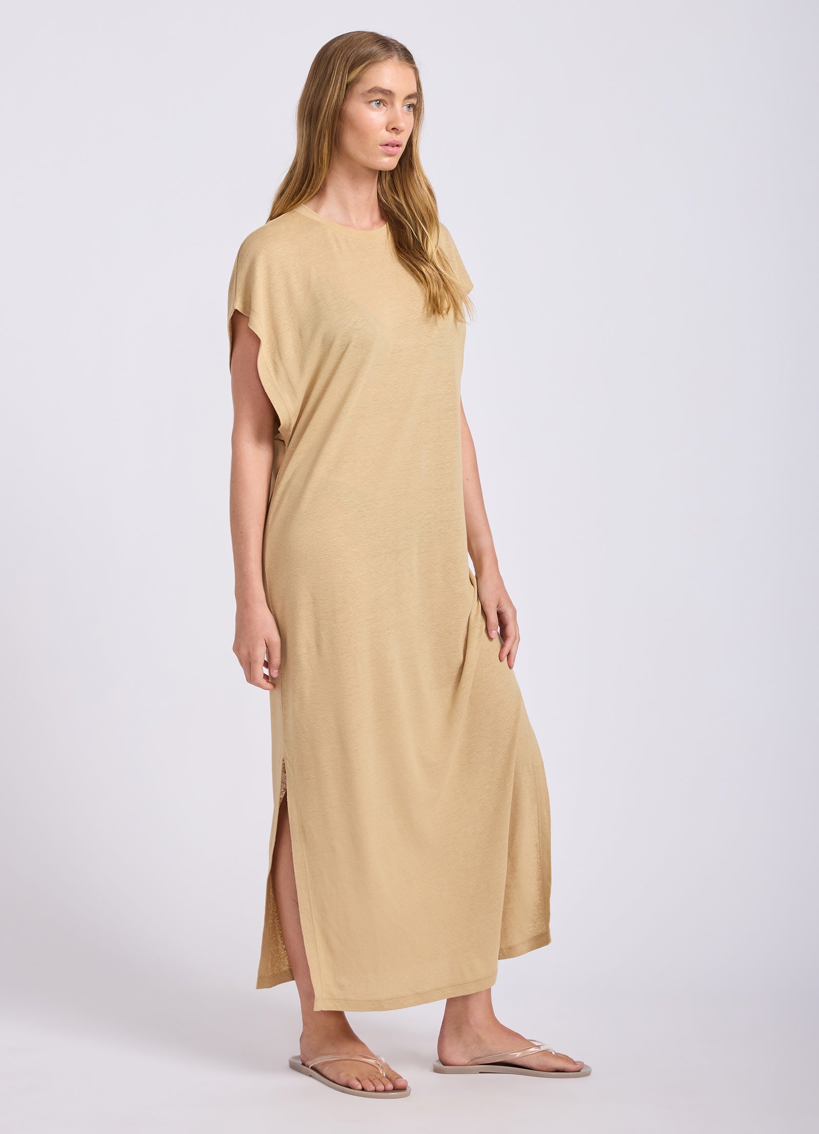 Slub Linen Batwing T-Shirt Dress - Tan view 2