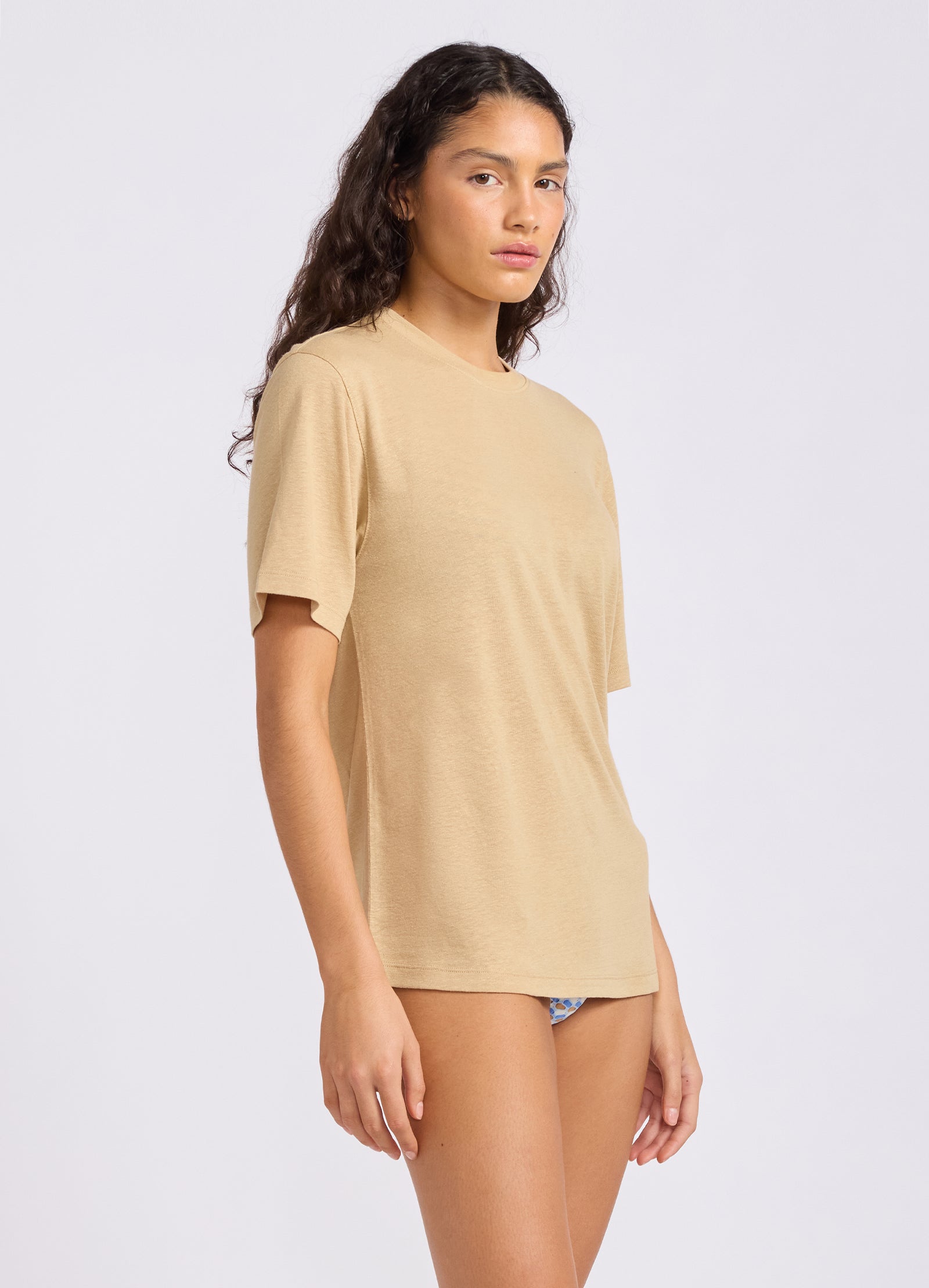 Slub Linen Boyfriend T-Shirt - Tan view 3