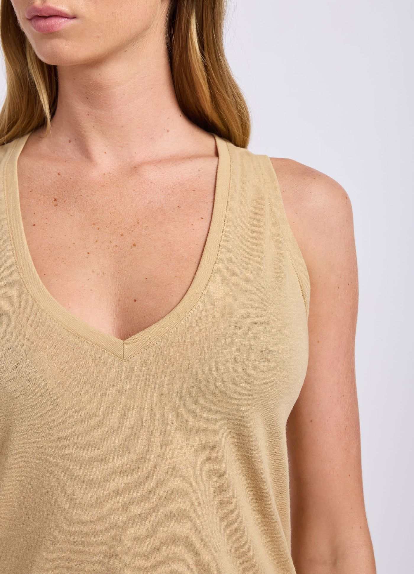 Slub Linen V Neck Tank Top - Tan view 5