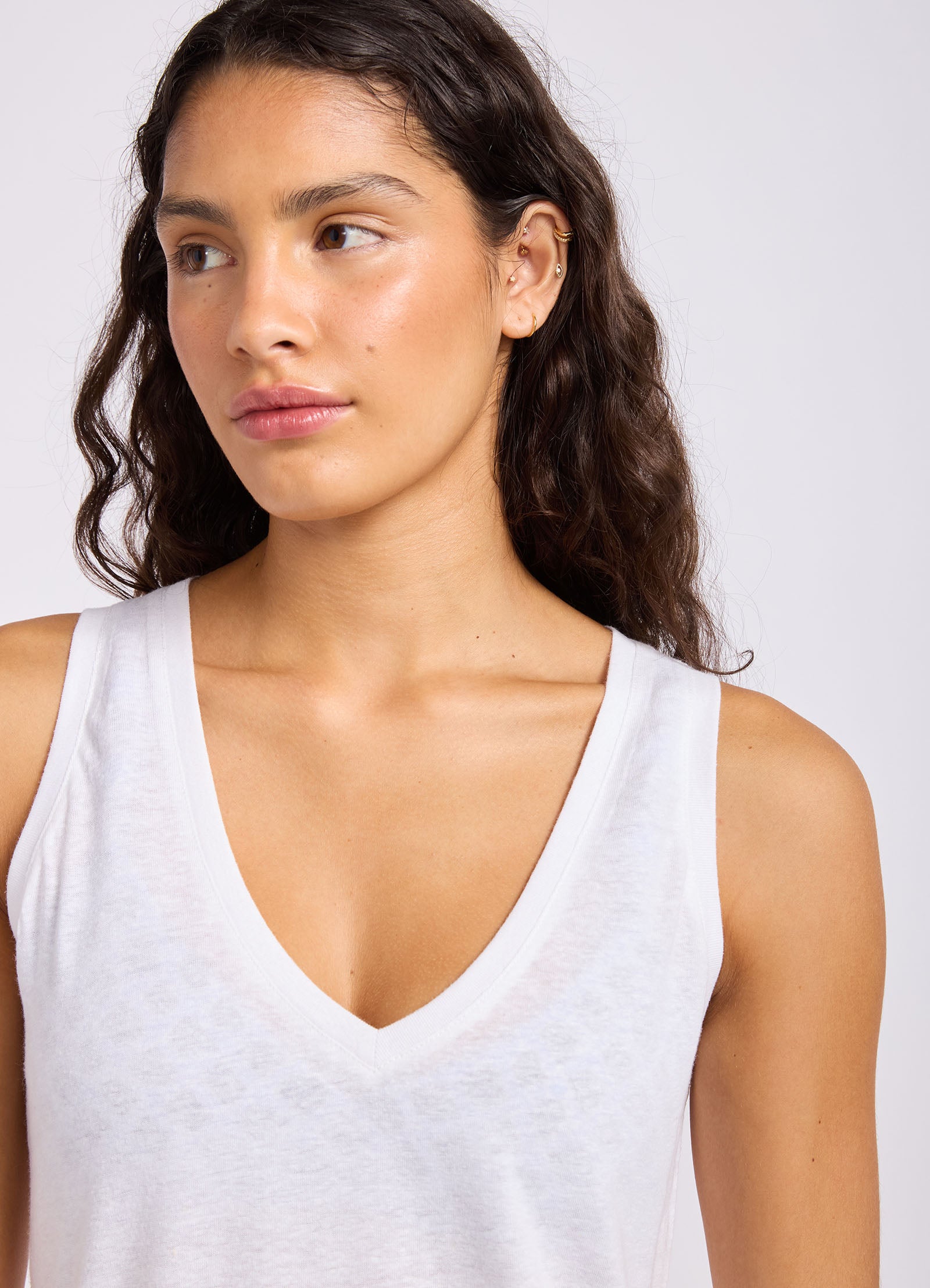 Slub Linen V Neck Tank Top - White view 5