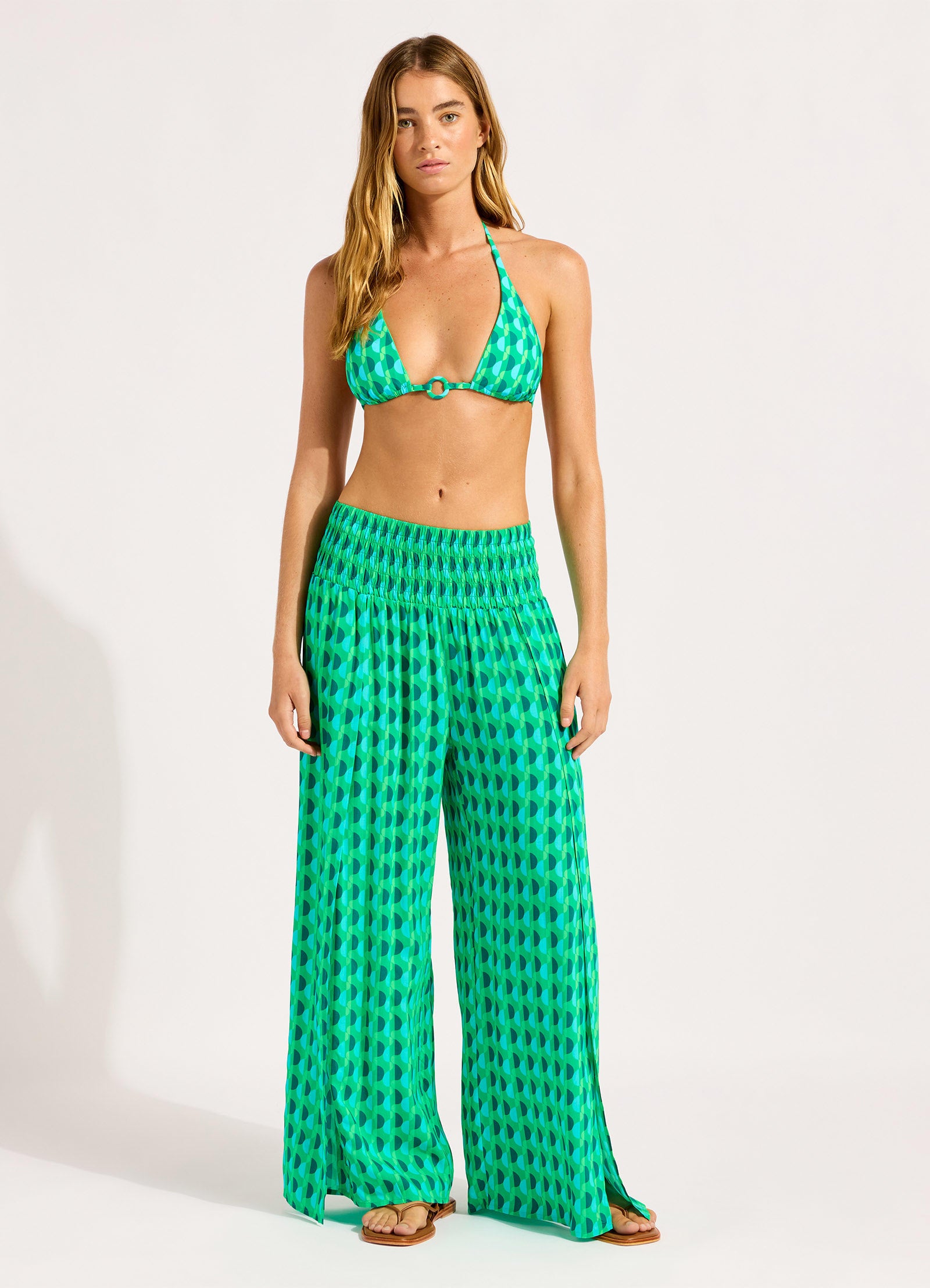 Sorrento Shirred Waist Wrap Pant - Vivid Green