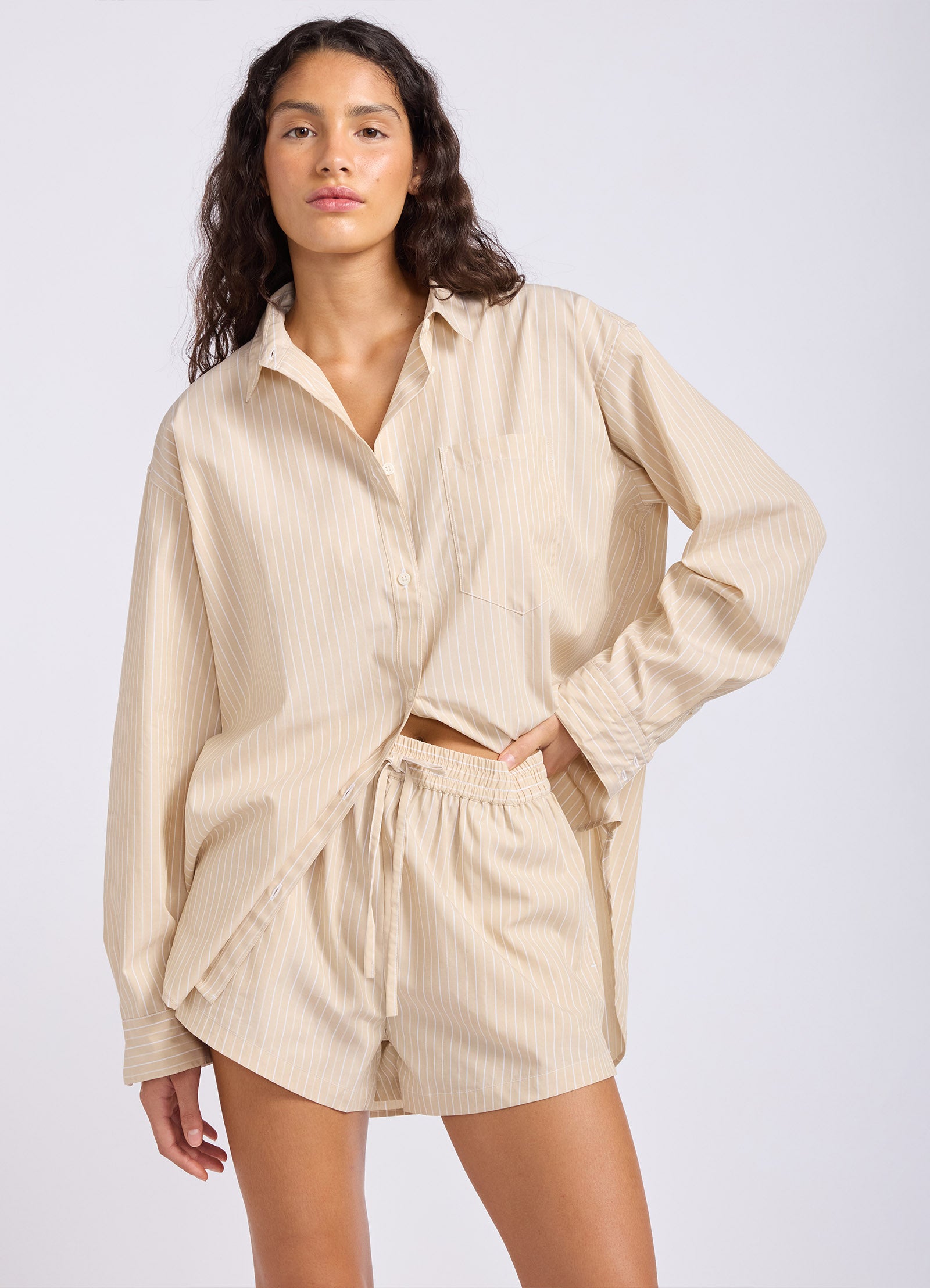Stripe Drawstring Shorts - Tan view 2