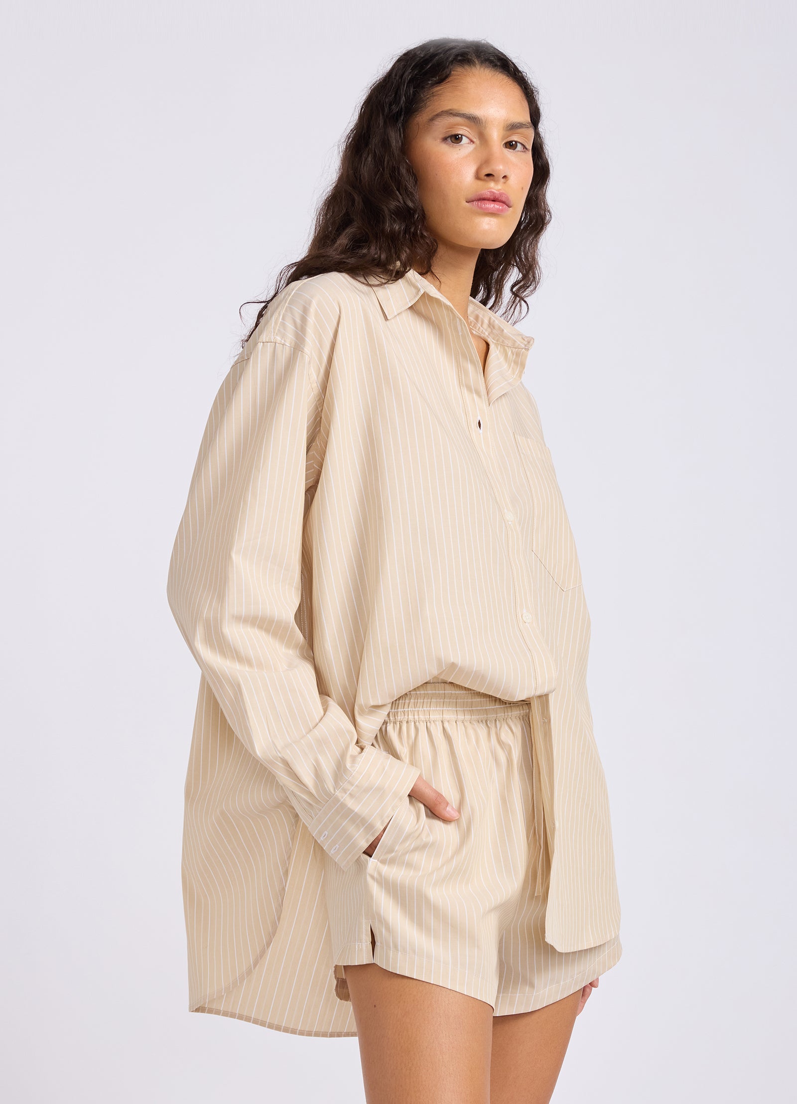 Stripe Drawstring Shorts - Tan view 3