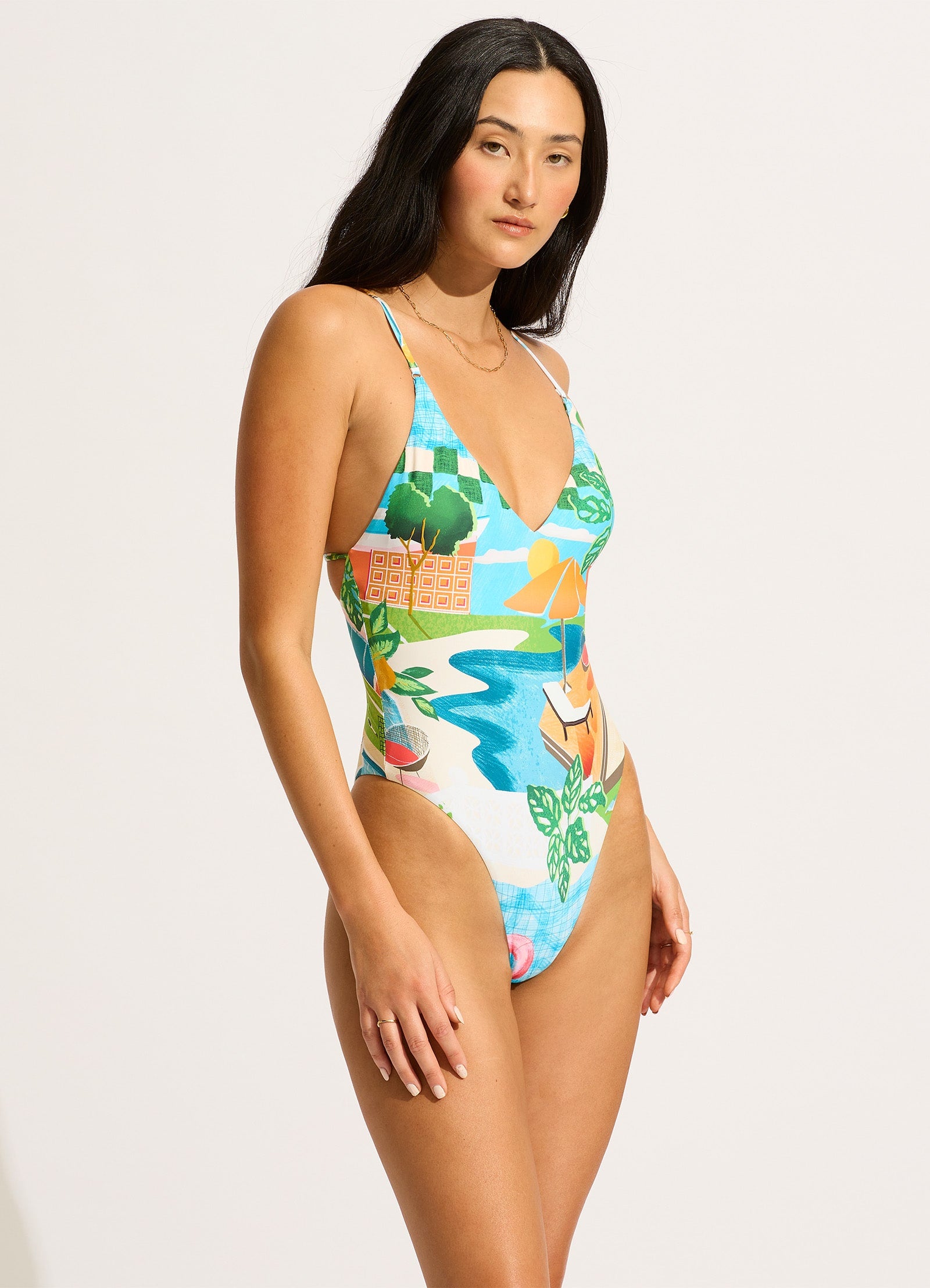Sunset V Neck One Piece Swimsuit - Turquoise view 2