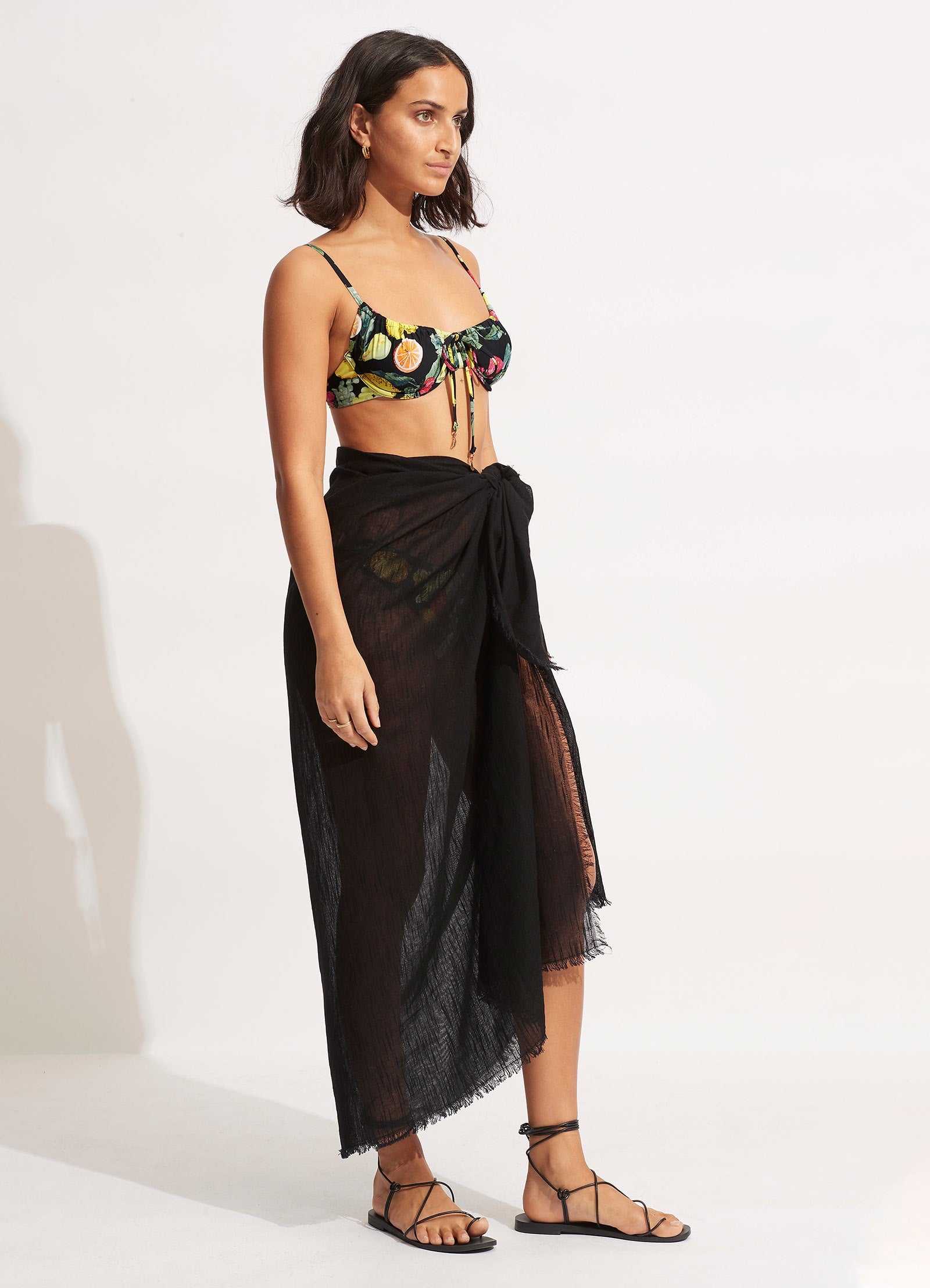 Textured Cotton Beach Wrap - Black - Black view 2